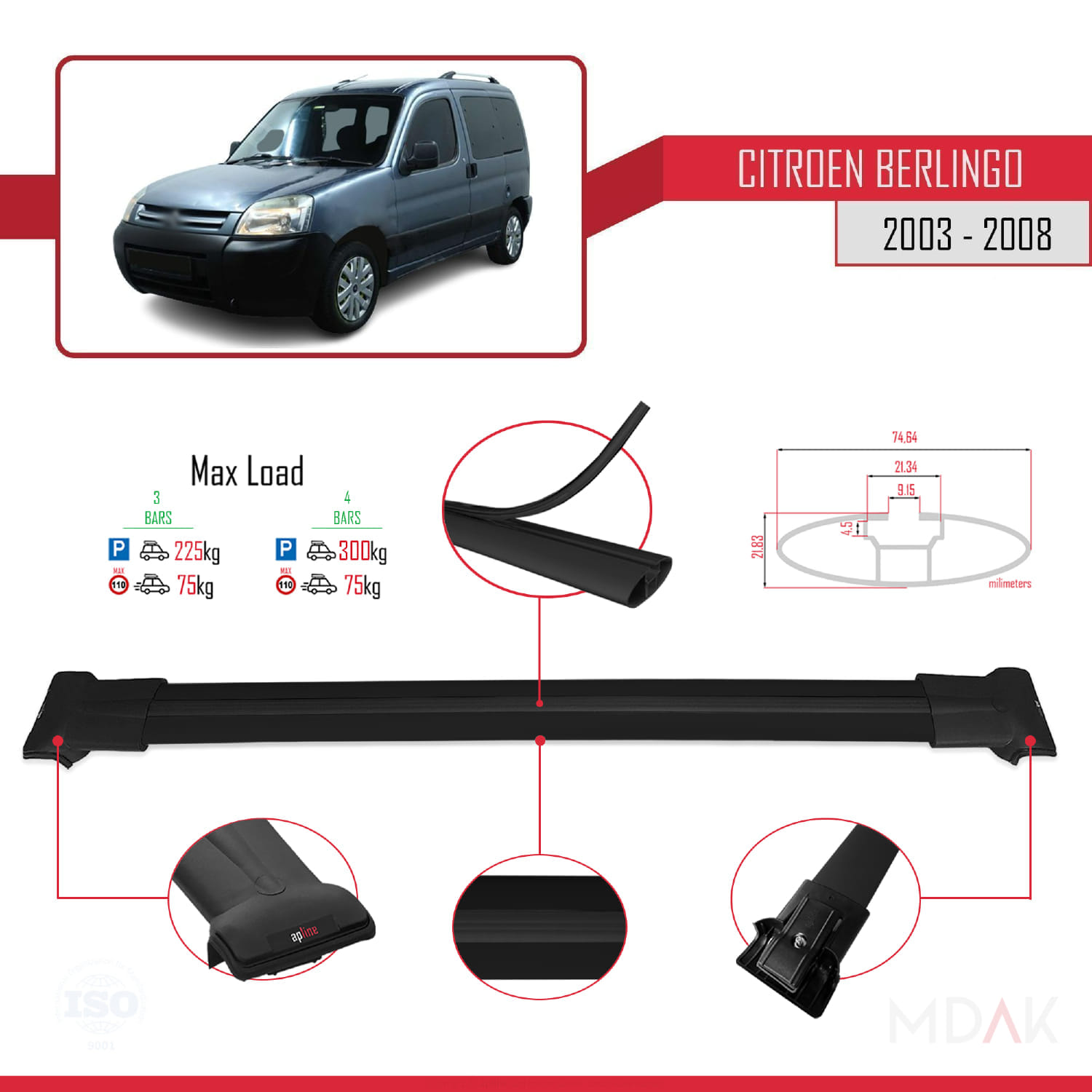 Citroen Berlingo (M59) 2003-2008 Arası ile Uyumlu FLY Model Ara Atkı Tavan Barı Siyah 4 Adet - Görsel 3