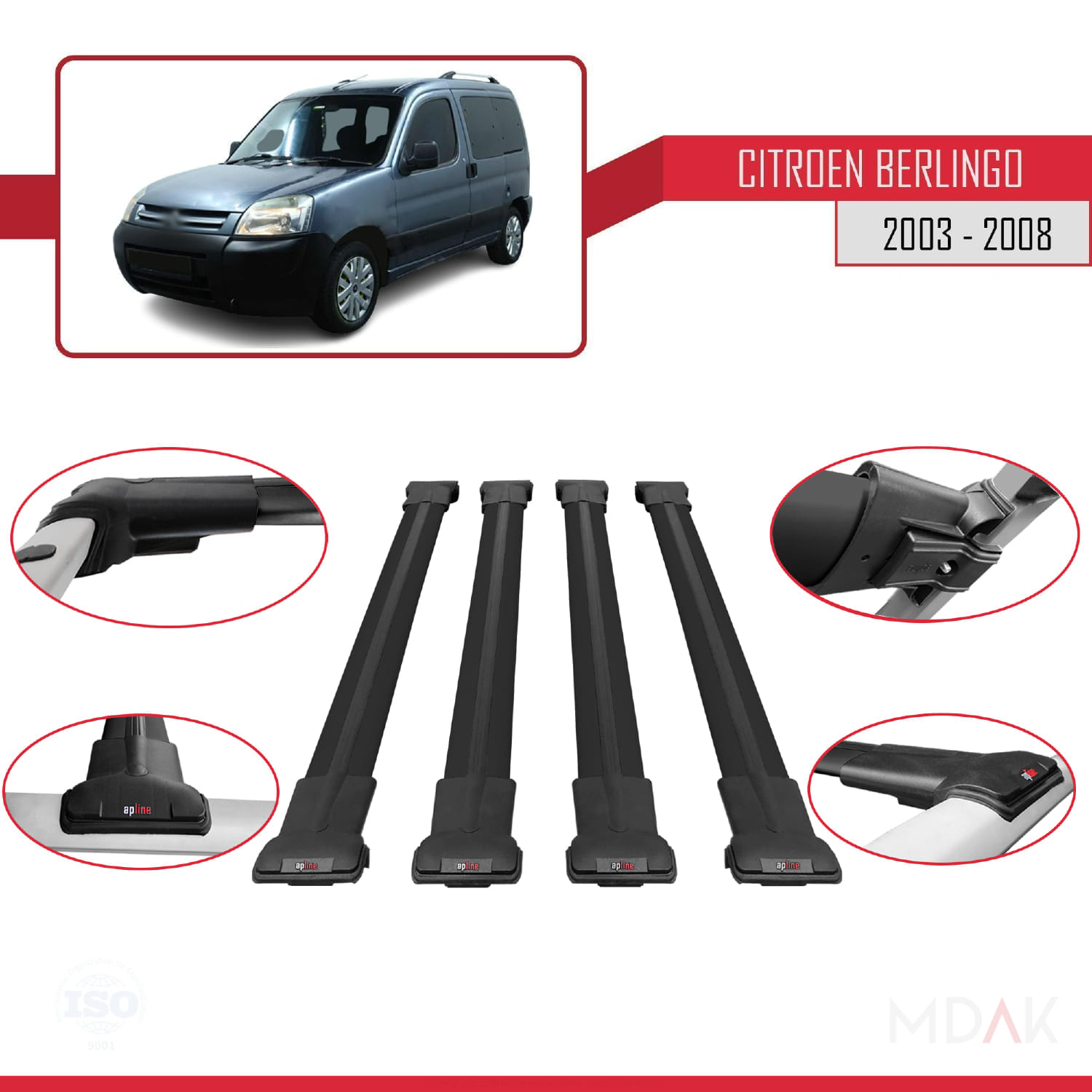 Citroen Berlingo (M59) 2003-2008 Arası ile Uyumlu FLY Model Ara Atkı Tavan Barı Siyah 4 Adet - Görsel 4