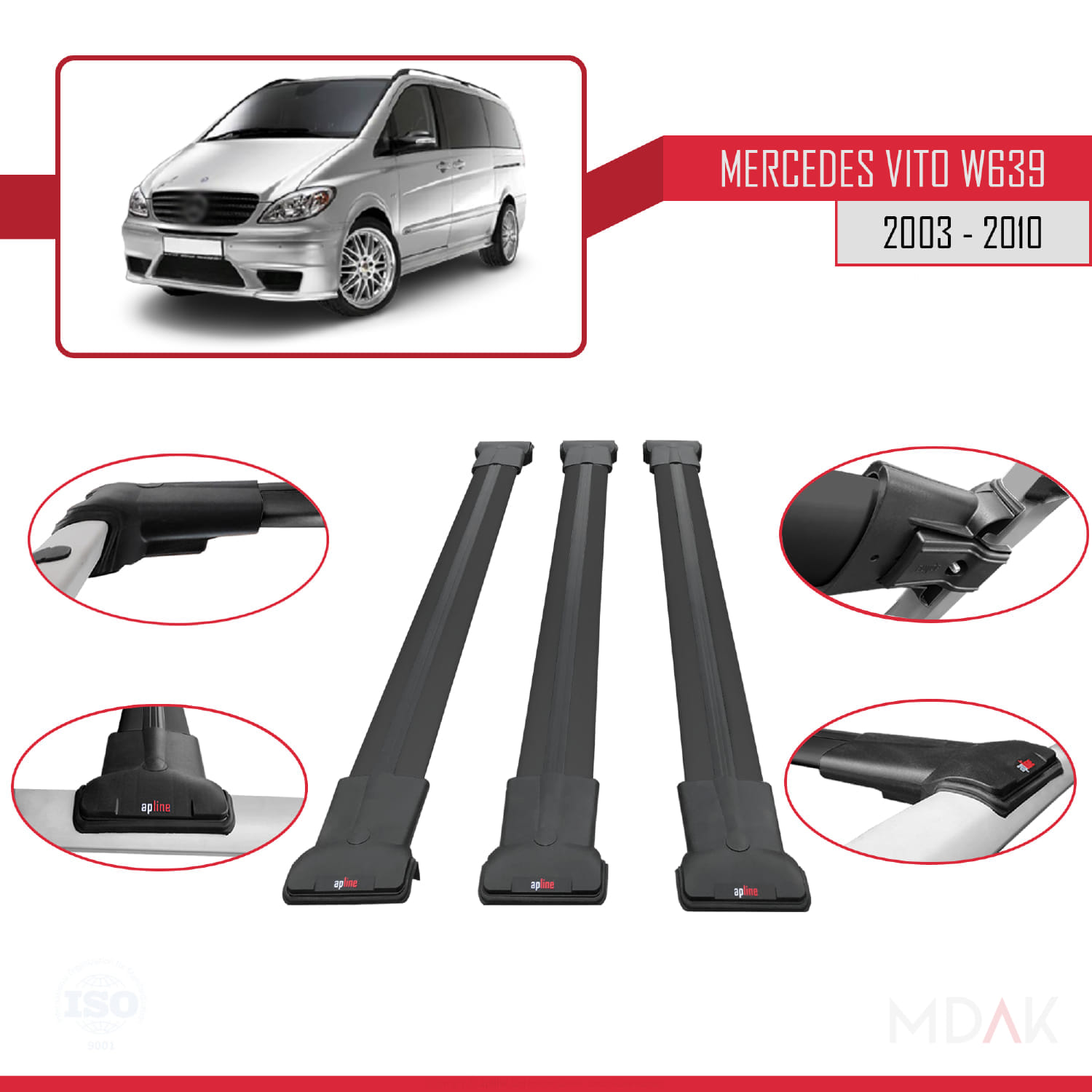Mercedes Vito 2 (W639) Pre-Facelift 2003-2010 Arası ile Uyumlu FLY Model Ara Atkı Tavan Barı Siyah 3 Adet - Görsel 4