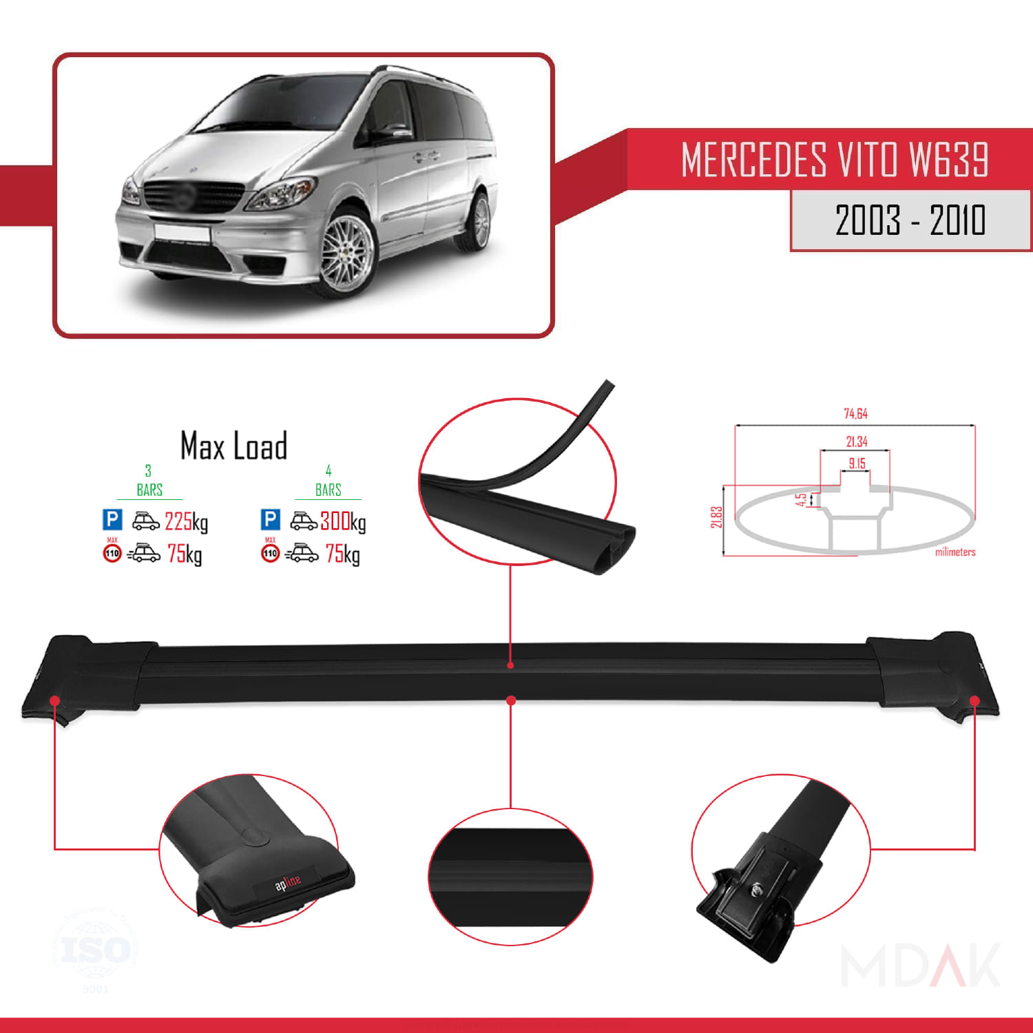 Mercedes Vito 2 (W639) Pre-Facelift 2003-2010 Arası ile Uyumlu FLY Model Ara Atkı Tavan Barı Siyah 4 Adet - Görsel 3