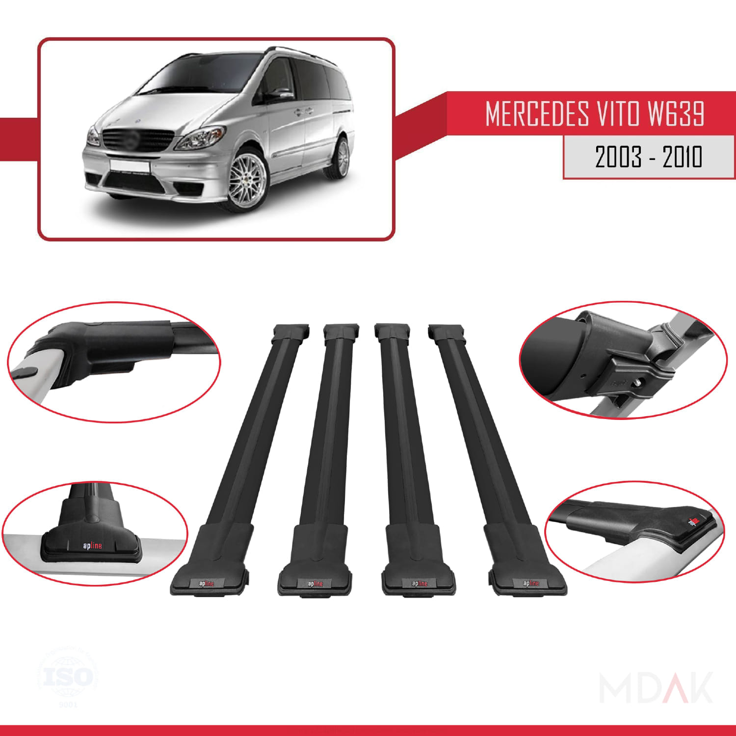 Mercedes Vito 2 (W639) Pre-Facelift 2003-2010 Arası ile Uyumlu FLY Model Ara Atkı Tavan Barı Siyah 4 Adet - Görsel 4