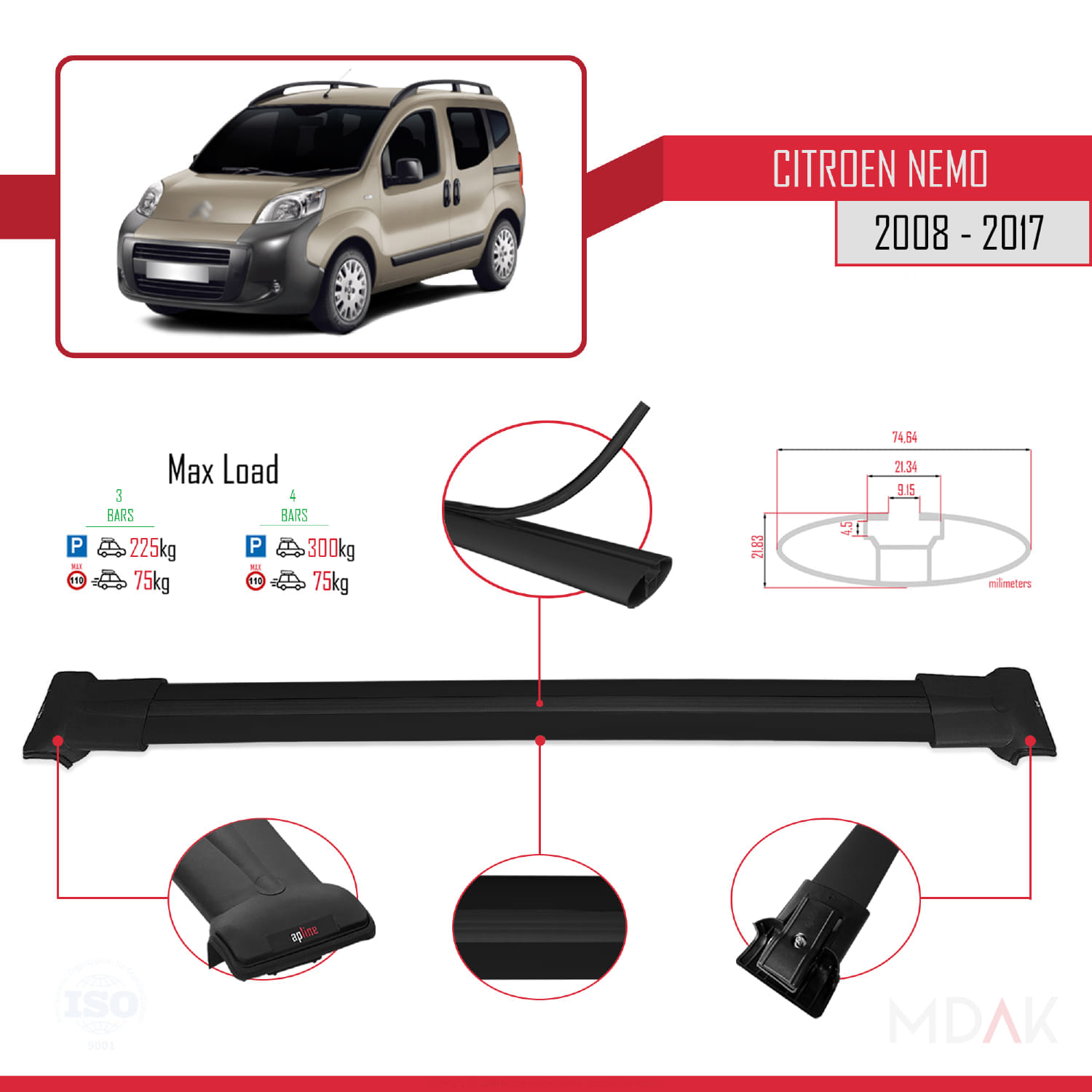 Citroen Nemo 3 (225) 2008-2017 Arası ile Uyumlu FLY Model Ara Atkı Tavan Barı Siyah 3 Adet - Görsel 3