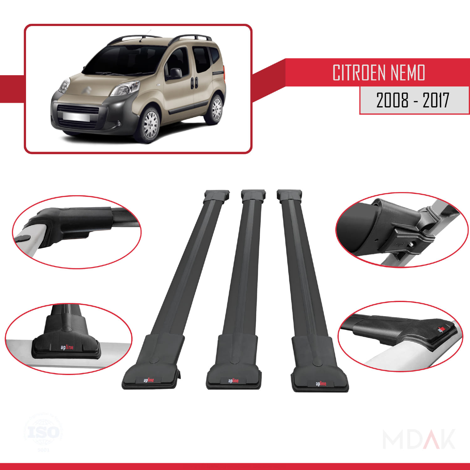 Citroen Nemo 3 (225) 2008-2017 Arası ile Uyumlu FLY Model Ara Atkı Tavan Barı Siyah 3 Adet - Görsel 4