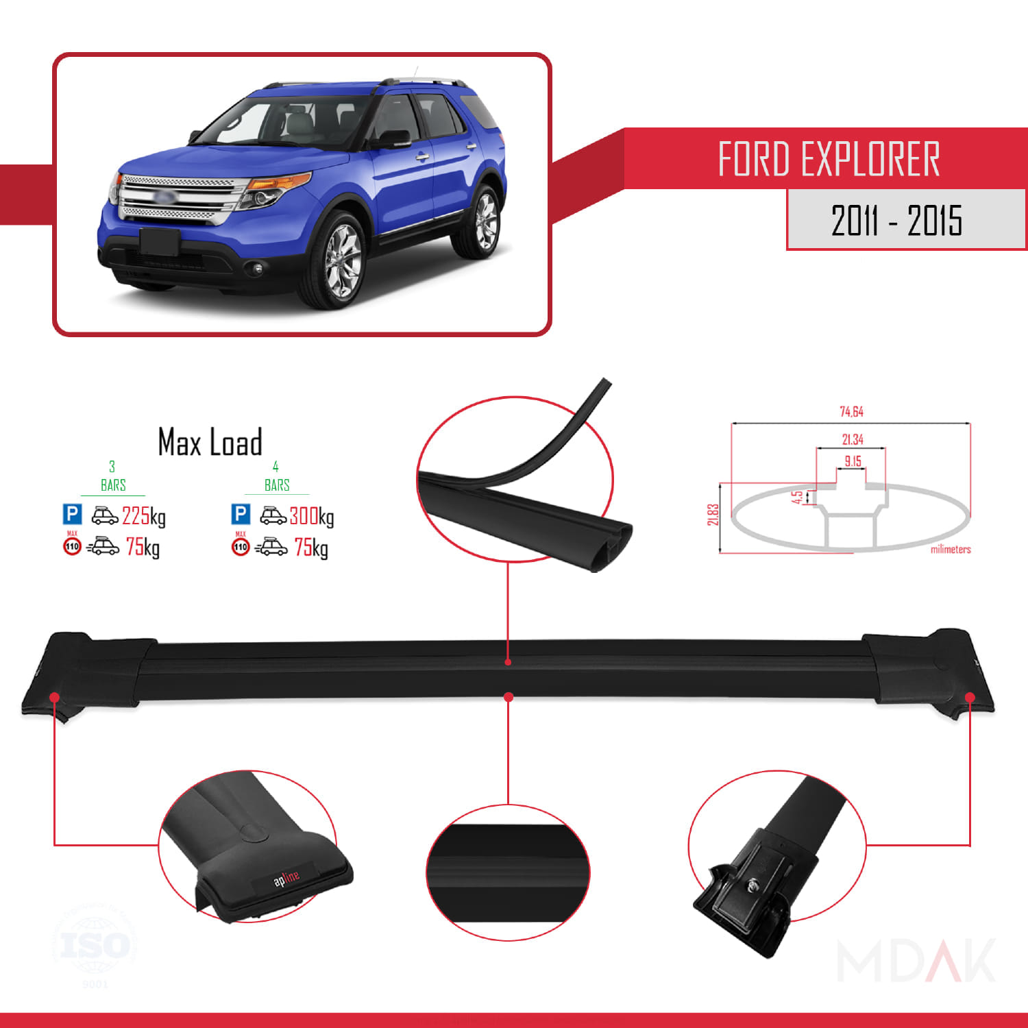 Ford Explorer 5 (U502) Pre-Facelift 2011-2015 Arası ile Uyumlu FLY Model Ara Atkı Tavan Barı Siyah 3 Adet - Görsel 3