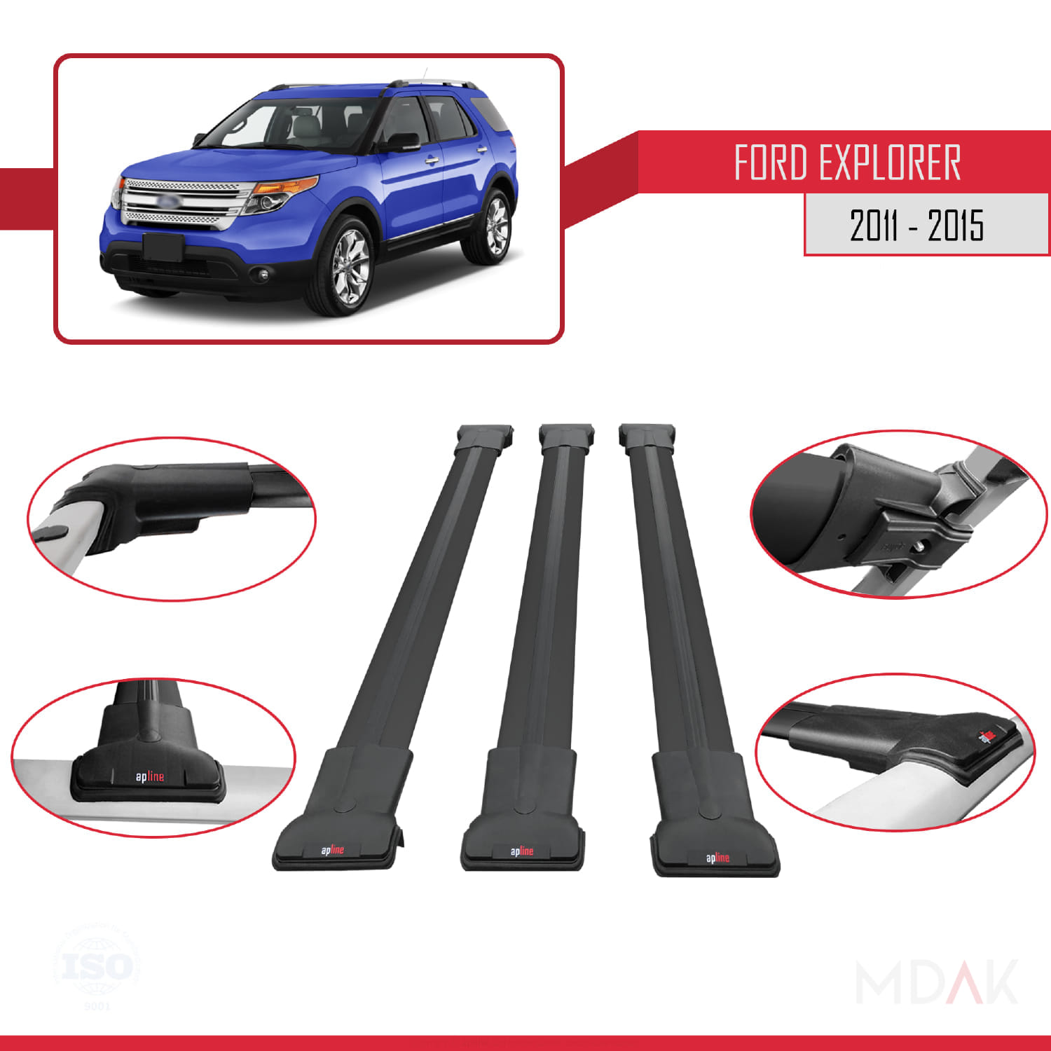 Ford Explorer 5 (U502) Pre-Facelift 2011-2015 Arası ile Uyumlu FLY Model Ara Atkı Tavan Barı Siyah 3 Adet - Görsel 4