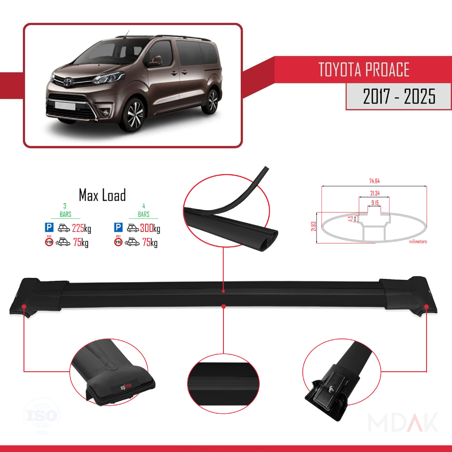 Toyota Proace 2017 ve Sonrası ile Uyumlu FLY Model Ara Atkı Tavan Barı Siyah 4 Adet - Görsel 3