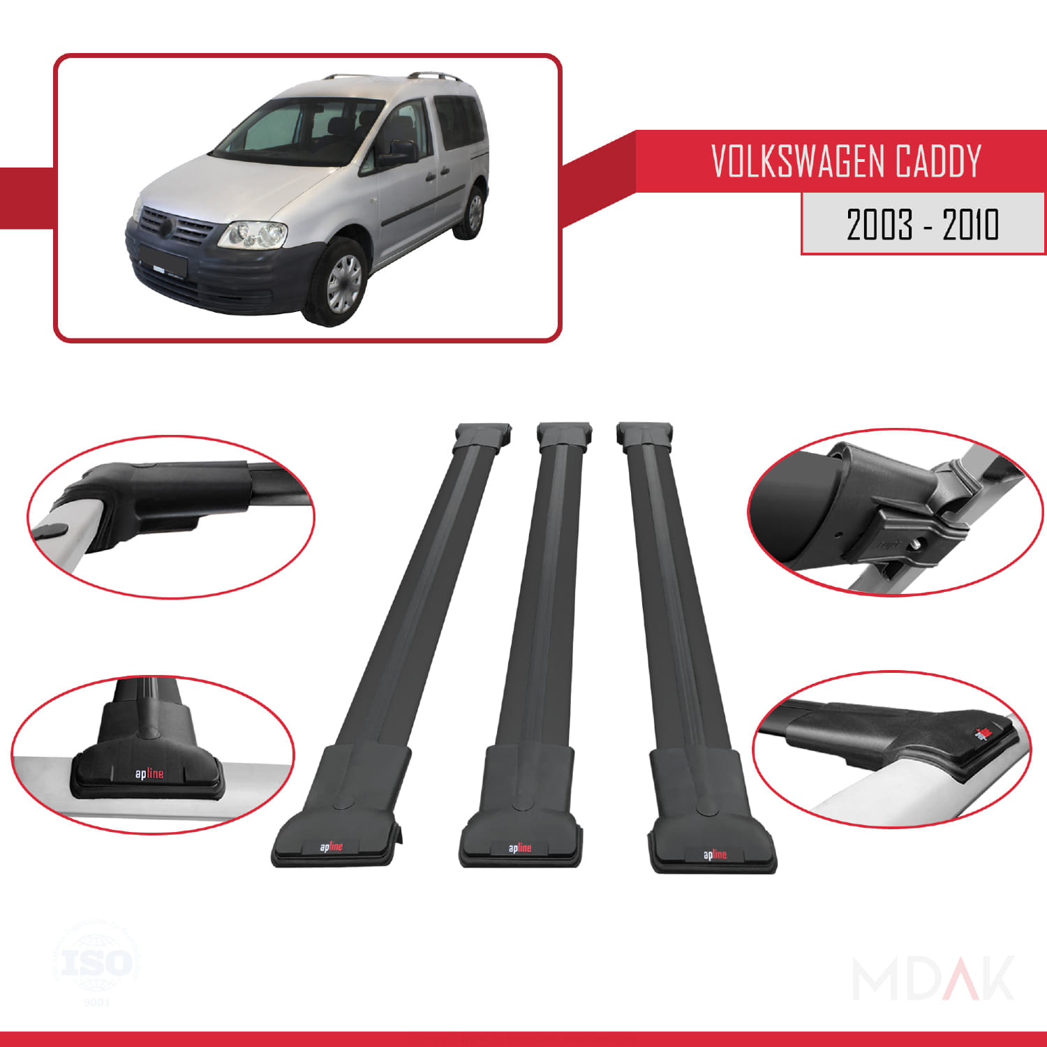 Volkswagen Caddy 3 (2K) 2003-2010 Arası ile Uyumlu FLY Model Ara Atkı Tavan Barı Siyah 3 Adet - Görsel 4