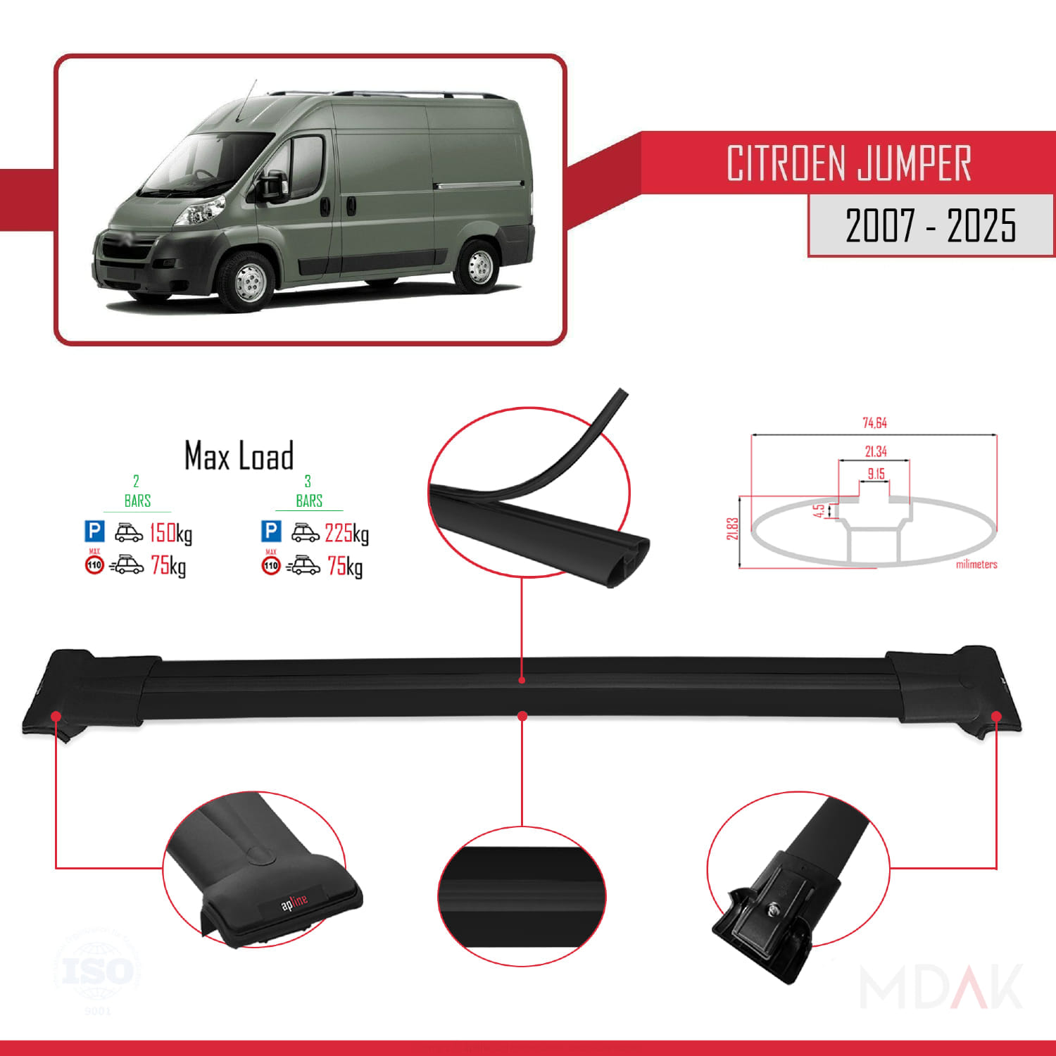 Citroen Jumper 2 2007 ve Sonrası ile Uyumlu FLY Model Ara Atkı Tavan Barı Siyah 2 Adet - Görsel 4