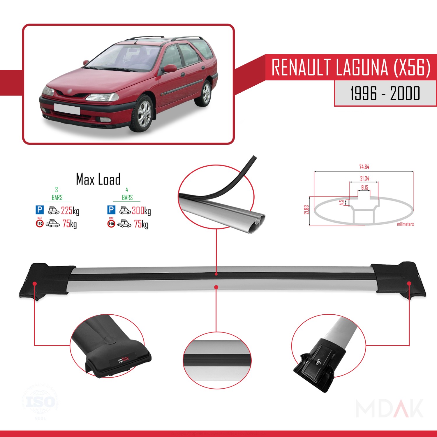 Renault Laguna (X56) SW 1996-2000 Arası ile Uyumlu FLY Model Ara Atkı Tavan Barı Gri 3 Adet - Görsel 3