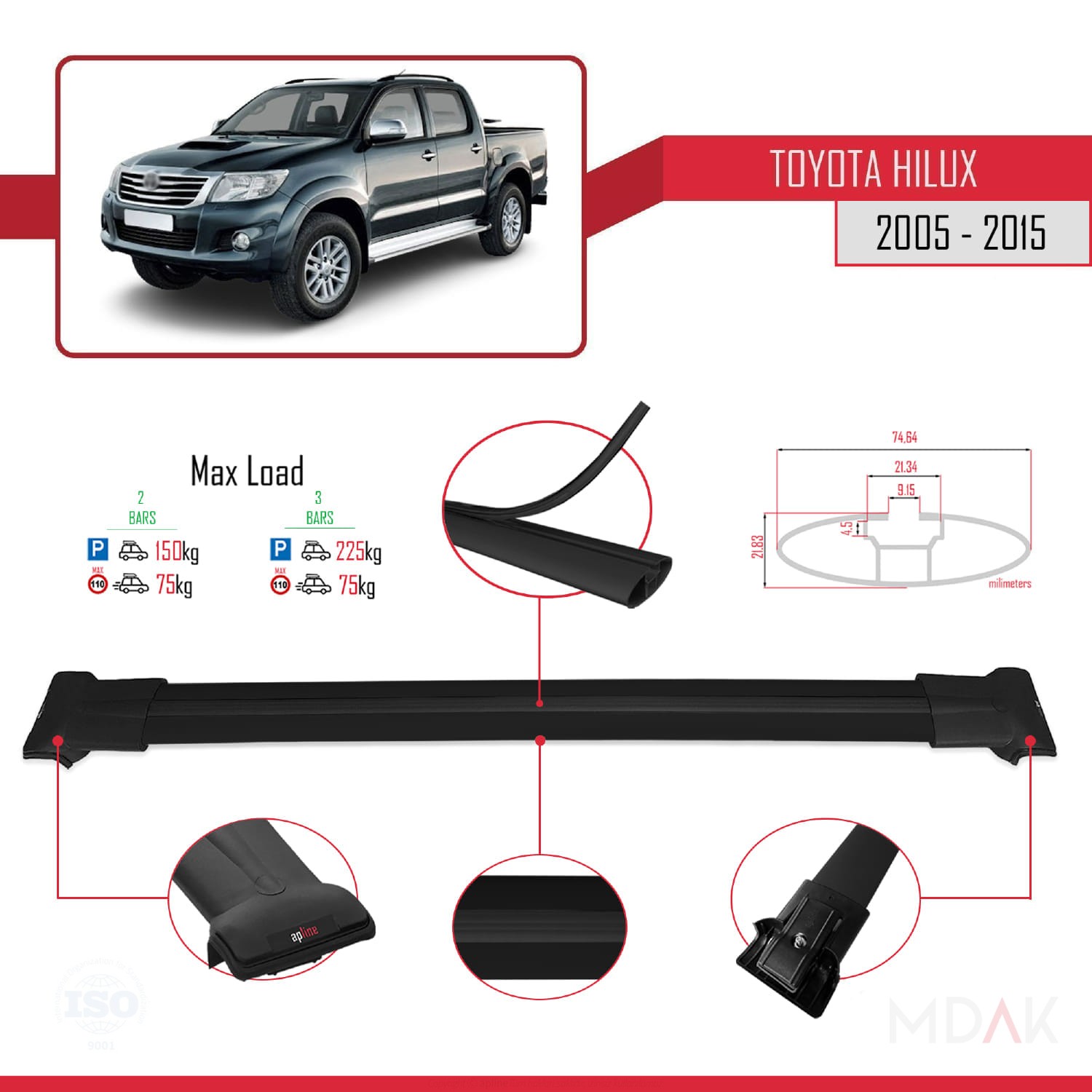 Toyota Hilux 7 (AN30) 2005-2015 Arası ile Uyumlu FLY Model Ara Atkı Tavan Barı Siyah 2 Adet - Görsel 4