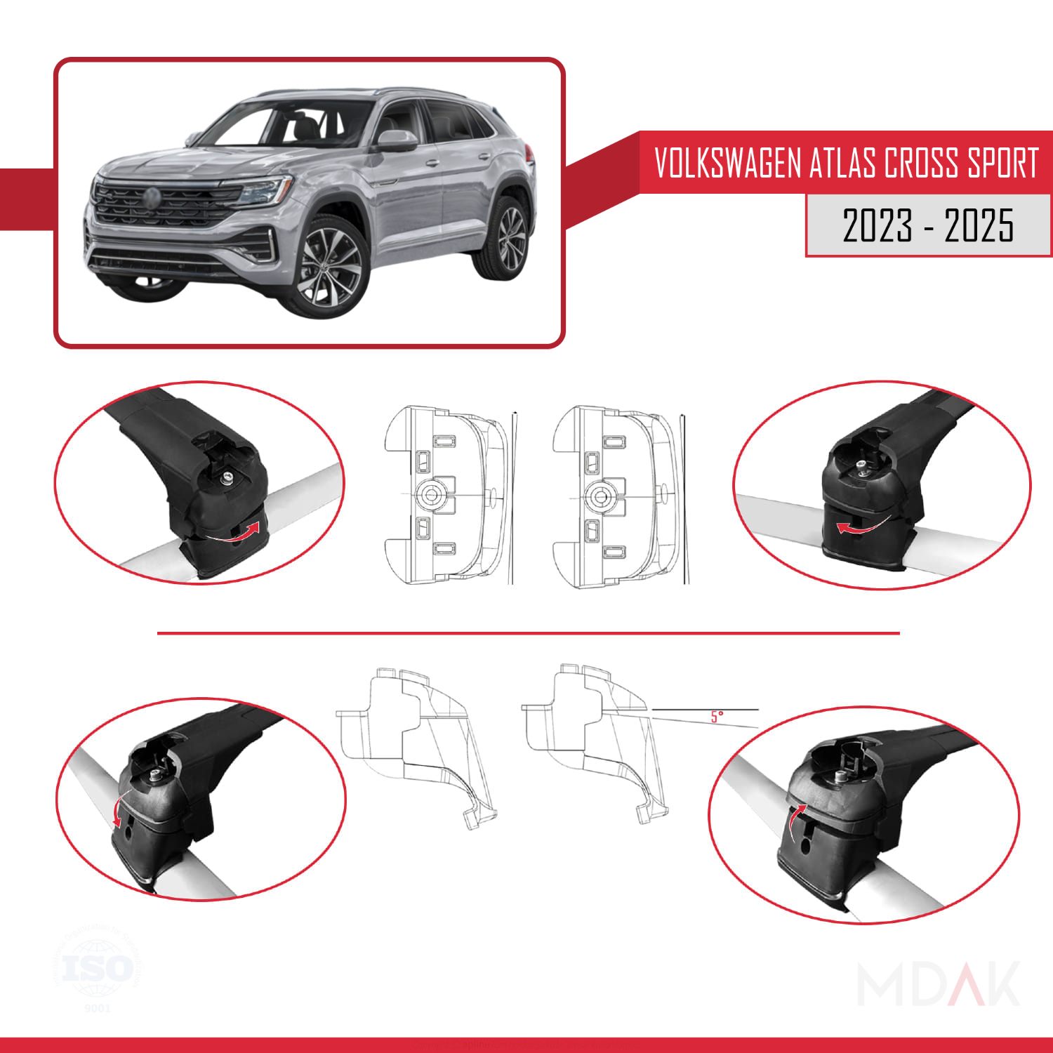 Volkswagen Atlas Cross Sport 2023-2025 Arası ile Uyumlu ACE-2 Ara Atkı Tavan Barı Siyah 2 Adet - Görsel 4