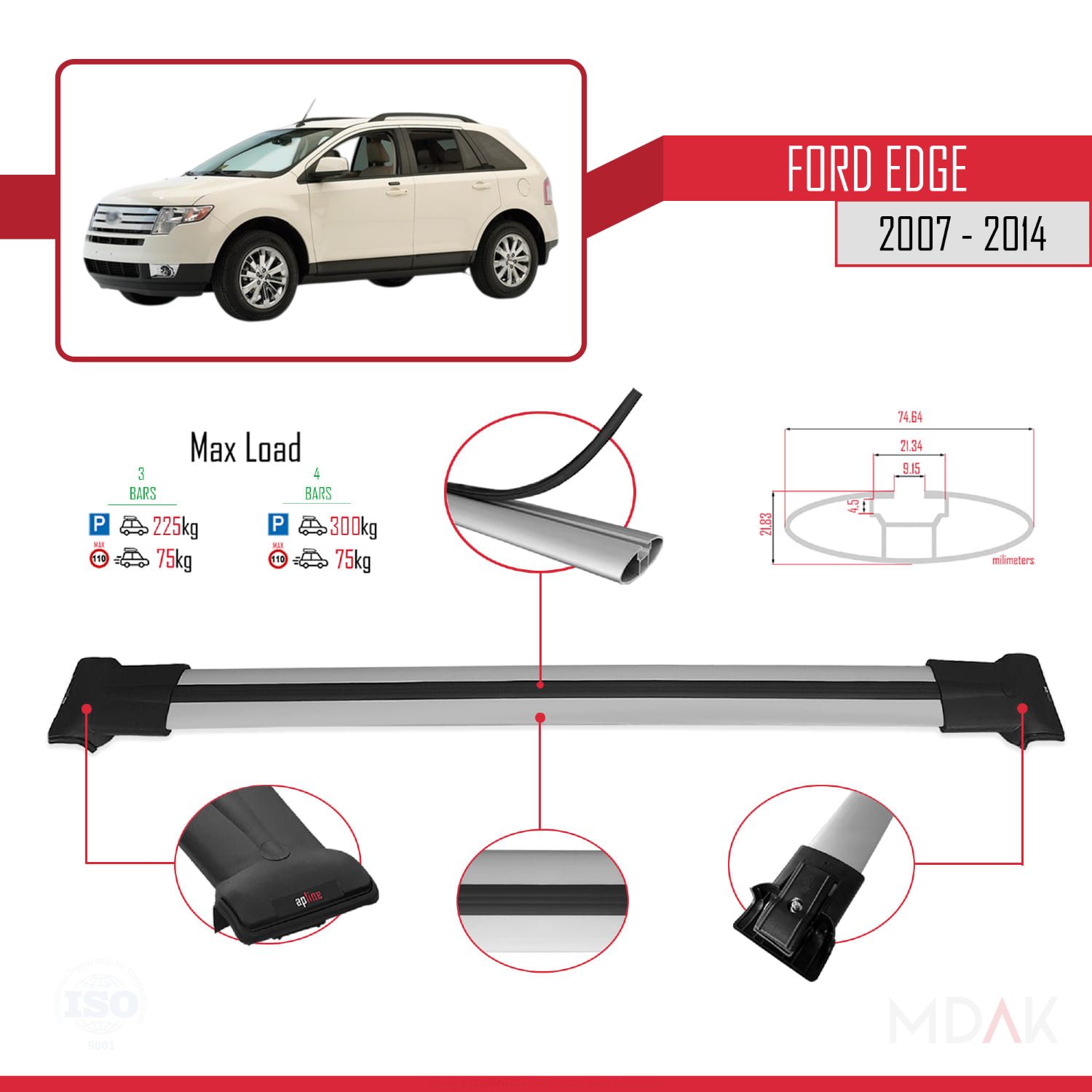 Ford Edge 2007-2014 Arası ile Uyumlu FLY Model Ara Atkı Tavan Barı Gri 3 Adet - Görsel 3