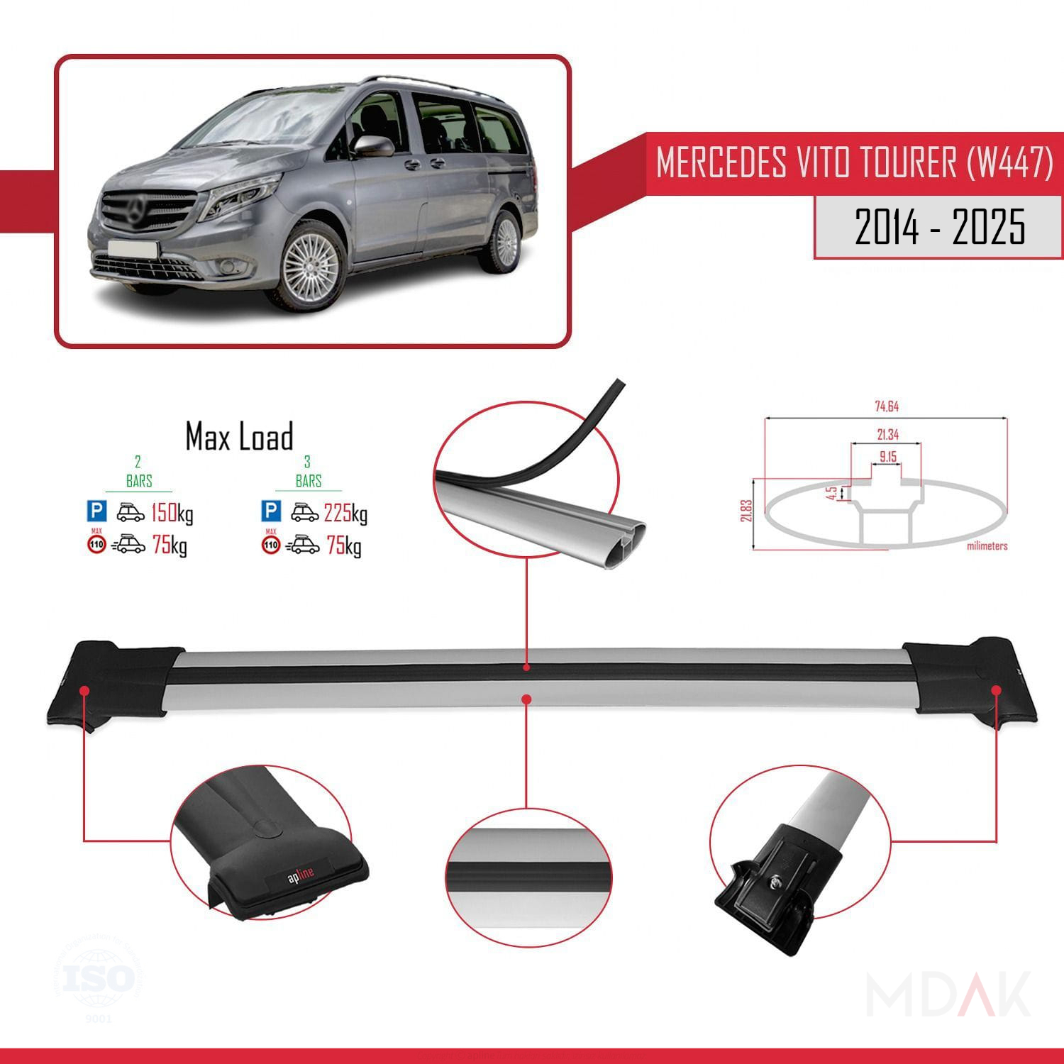 Mercedes Vito Tourer (W447) 2014 ve Sonrası Arası ile Uyumlu FLY Model Ara Atkı Tavan Barı Gri 2 Adet - Görsel 3