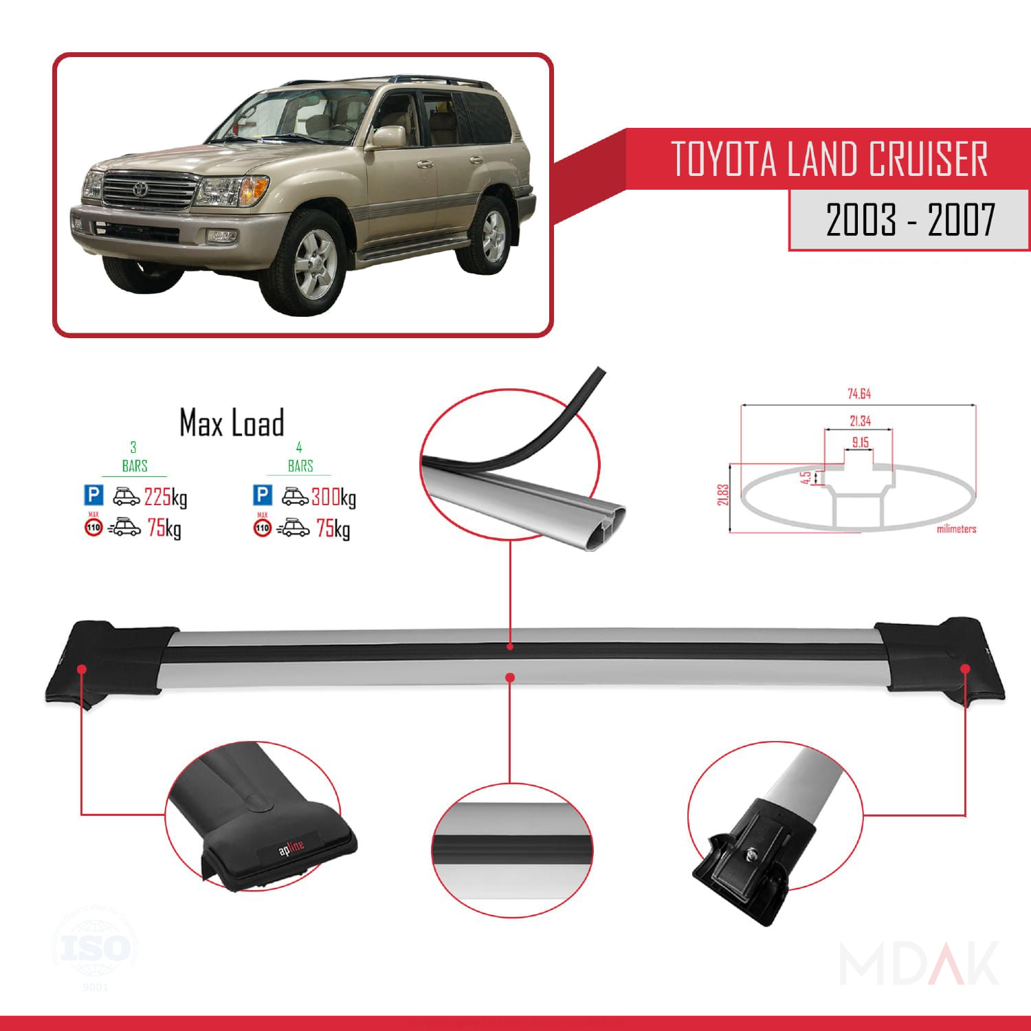 Toyota Land Cruiser (J100) 2003-2007 Arası ile Uyumlu FLY Model Ara Atkı Tavan Barı Gri 3 Adet - Görsel 3