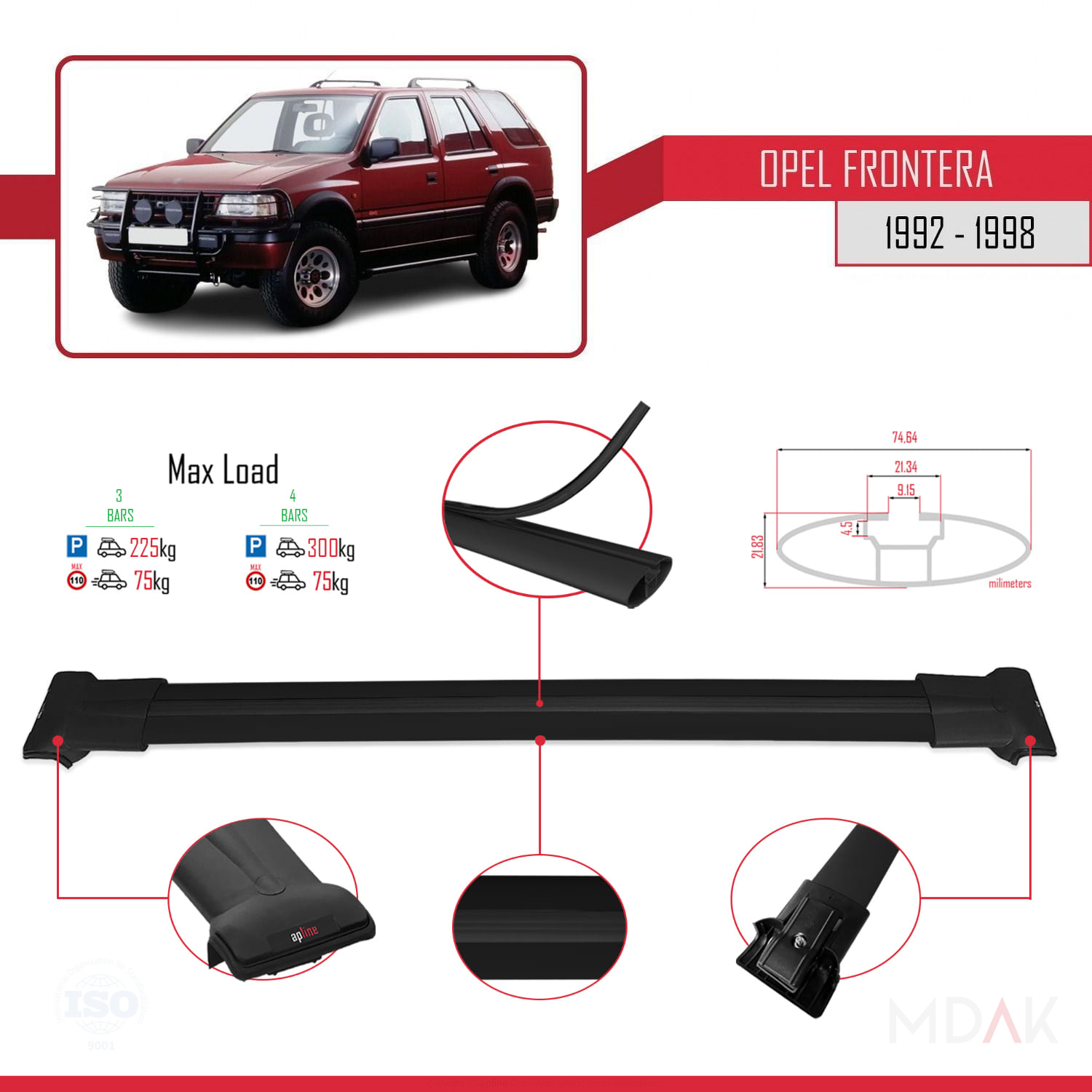 Opel Frontera 1992-1998 Arası ile Uyumlu FLY Model Ara Atkı Tavan Barı Siyah 3 Adet - Görsel 3
