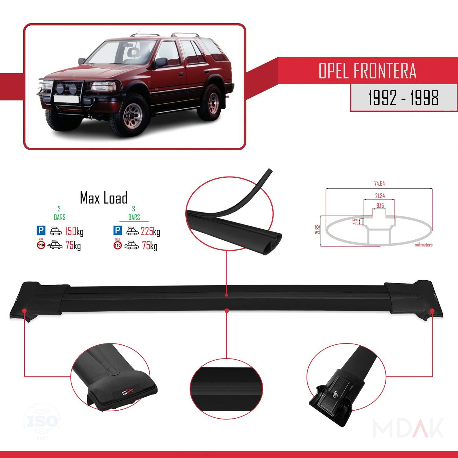 Opel Frontera 1992-1998 Arası ile Uyumlu FLY Model Ara Atkı Tavan Barı Siyah 2 Adet - Görsel 3