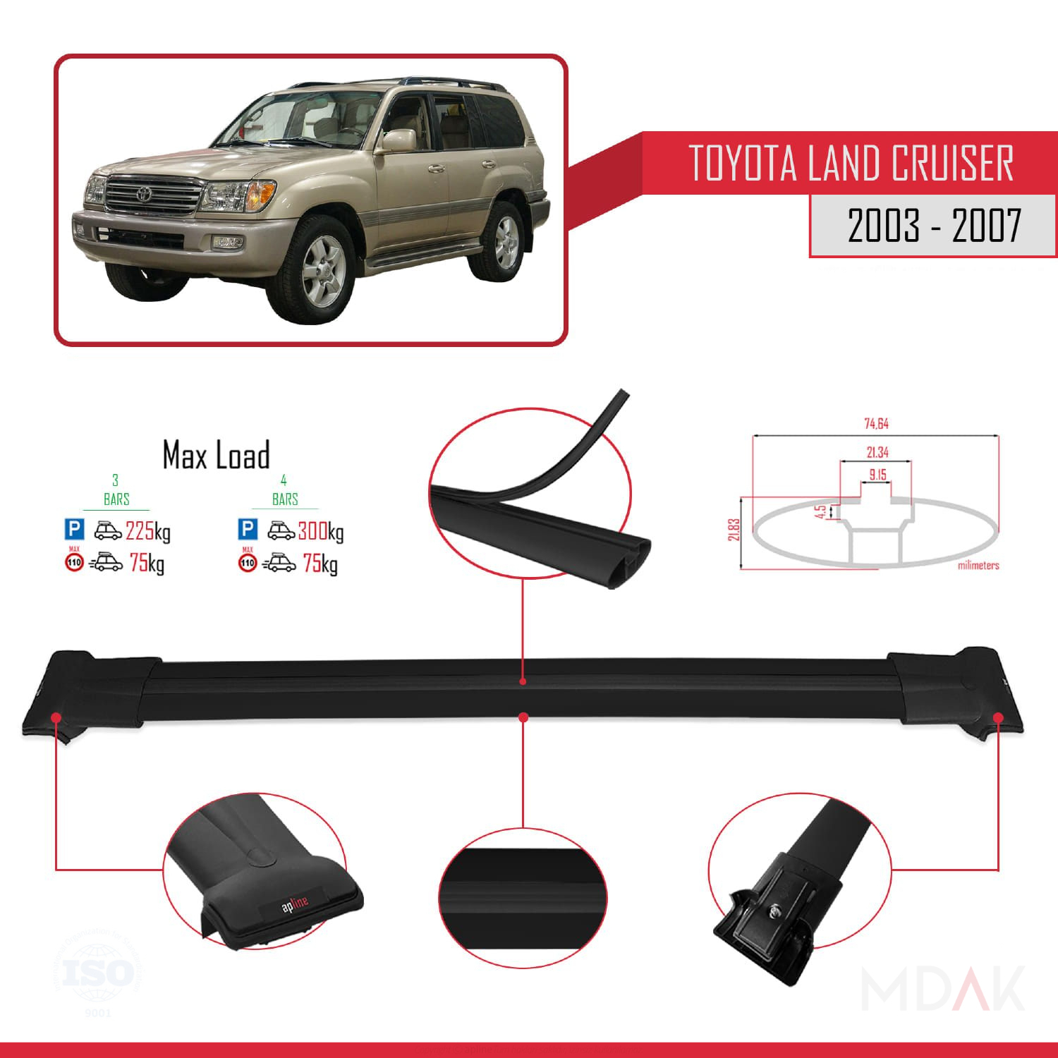 Toyota Land Cruiser (J100) 2003-2007 Arası ile Uyumlu FLY Model Ara Atkı Tavan Barı Siyah 3 Adet - Görsel 3