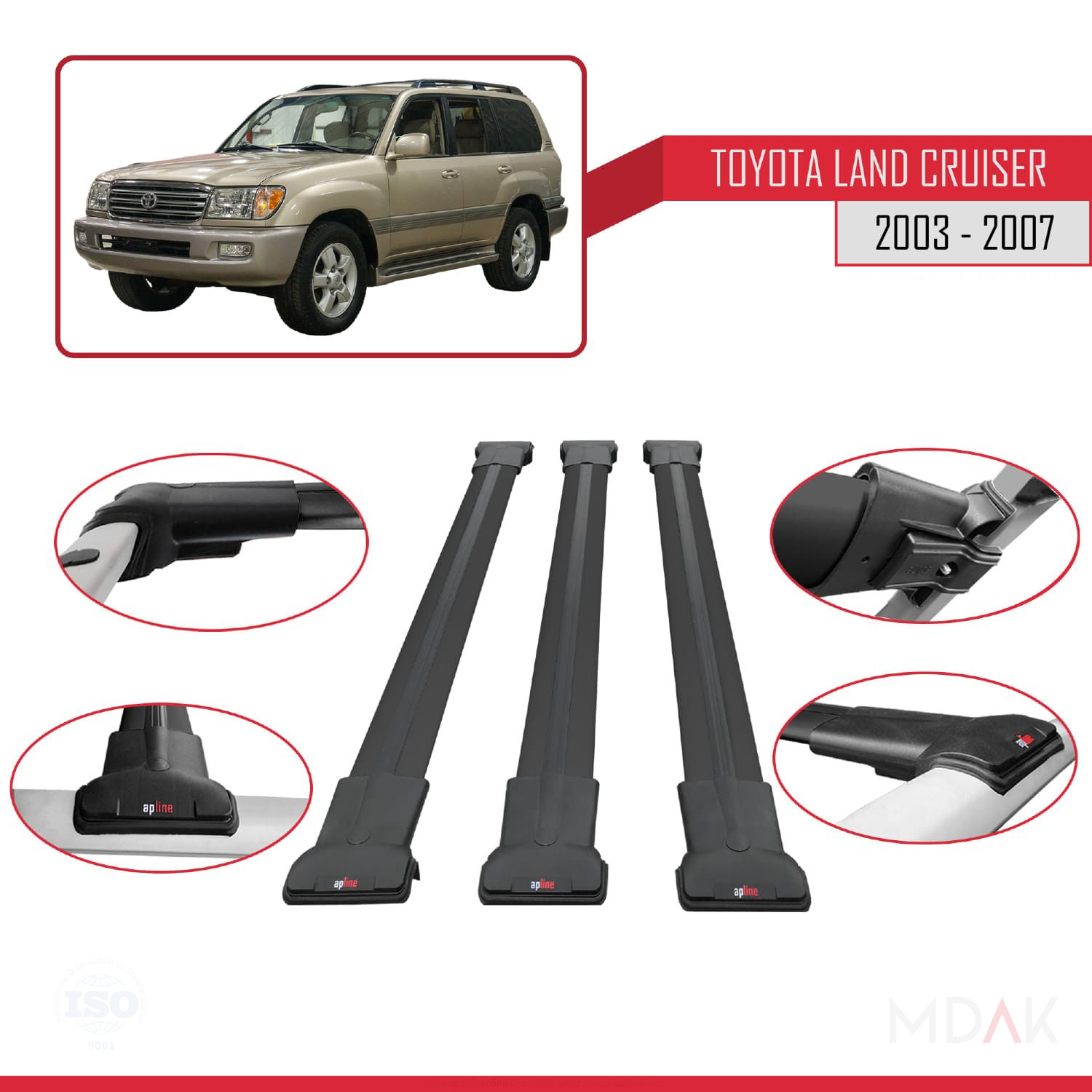 Toyota Land Cruiser (J100) 2003-2007 Arası ile Uyumlu FLY Model Ara Atkı Tavan Barı Siyah 3 Adet - Görsel 4