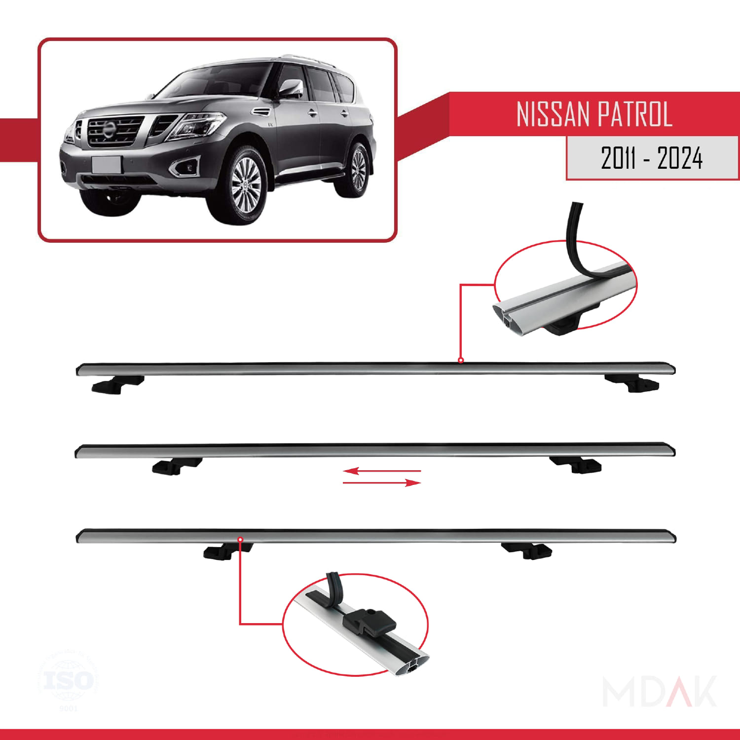 Nissan Patrol 6 (Y62) 2011-2024 Arası ile Uyumlu BASIC Model Ara Atkı Tavan Barı Gri 3 Adet - Görsel 5