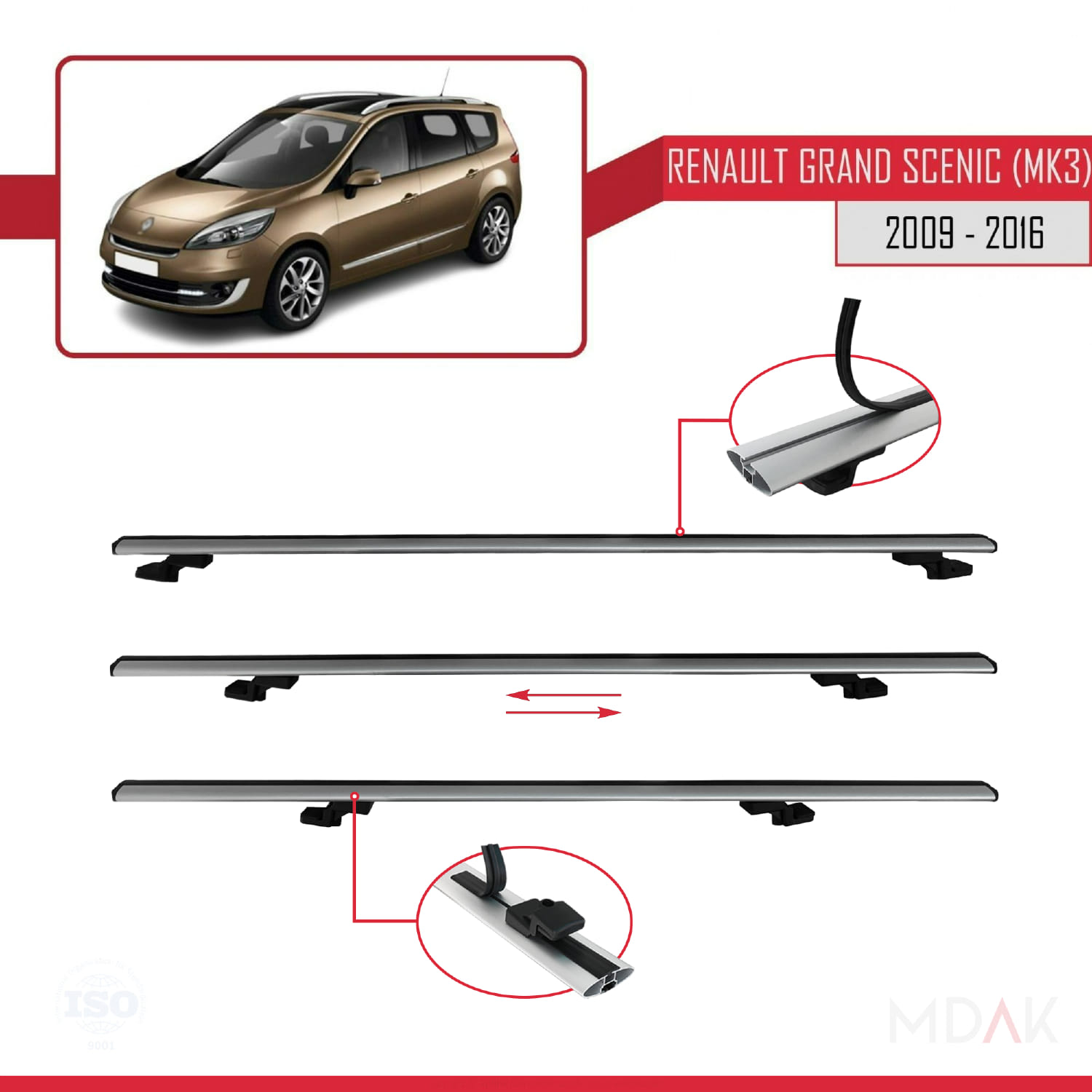 Renault Grand Scenic 3 2009-2016 Arası ile Uyumlu BASIC Model Ara Atkı Tavan Barı Gri 3 Adet - Görsel 5