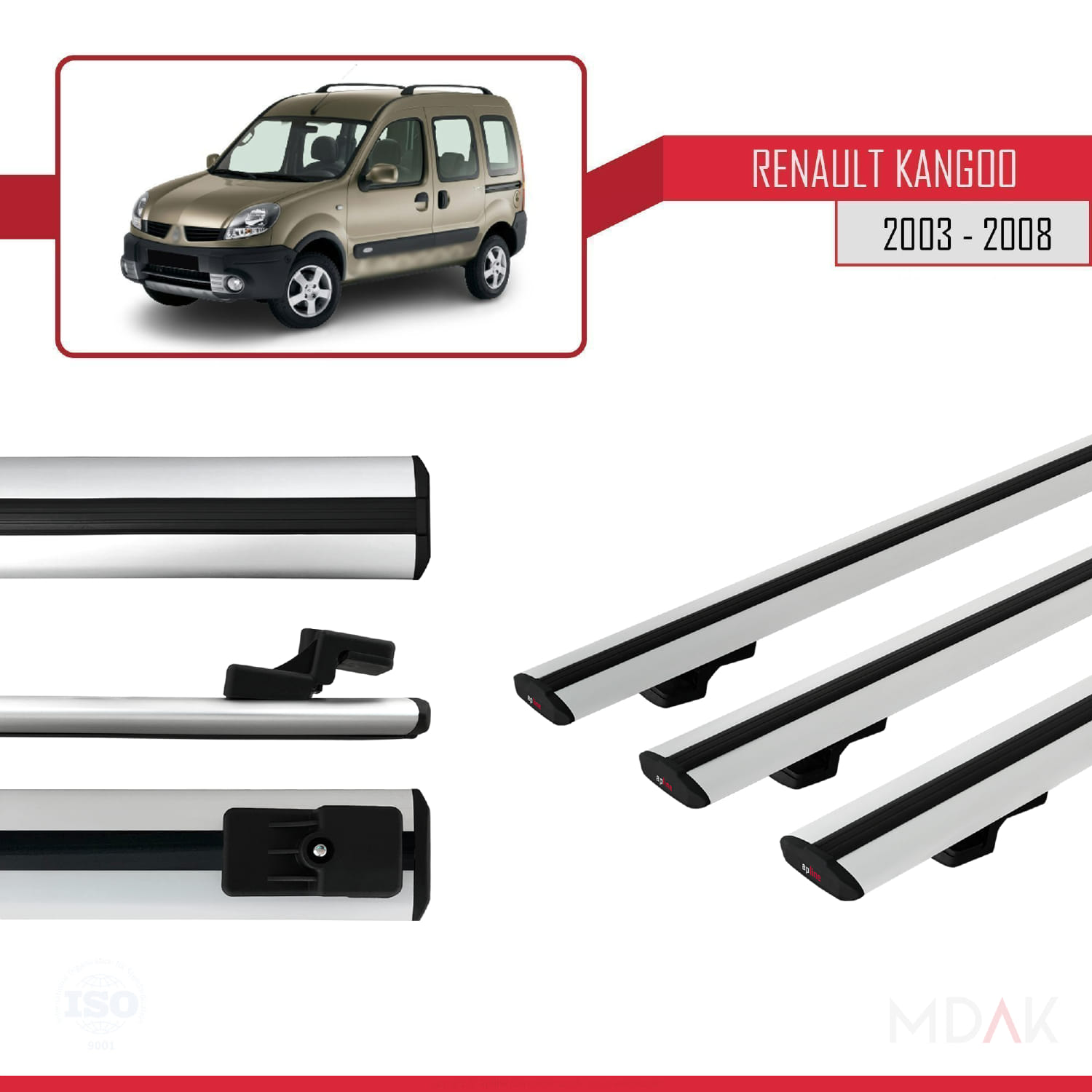 Renault Kangoo (X76) Post-Facelift 2003-2008 Arası ile Uyumlu BASIC Model Ara Atkı Tavan Barı Gri 3 Adet - Görsel 3