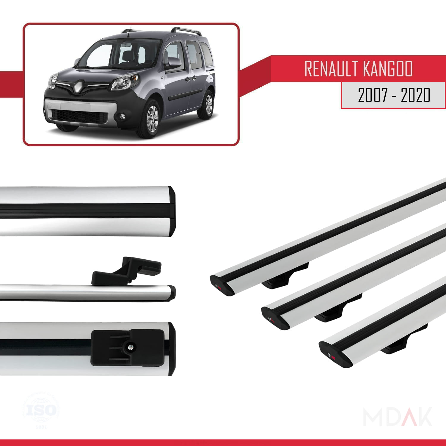 Renault Kangoo 2 (X61) 2007-2020 Arası ile Uyumlu BASIC Model Ara Atkı Tavan Barı Gri 3 Adet - Görsel 3