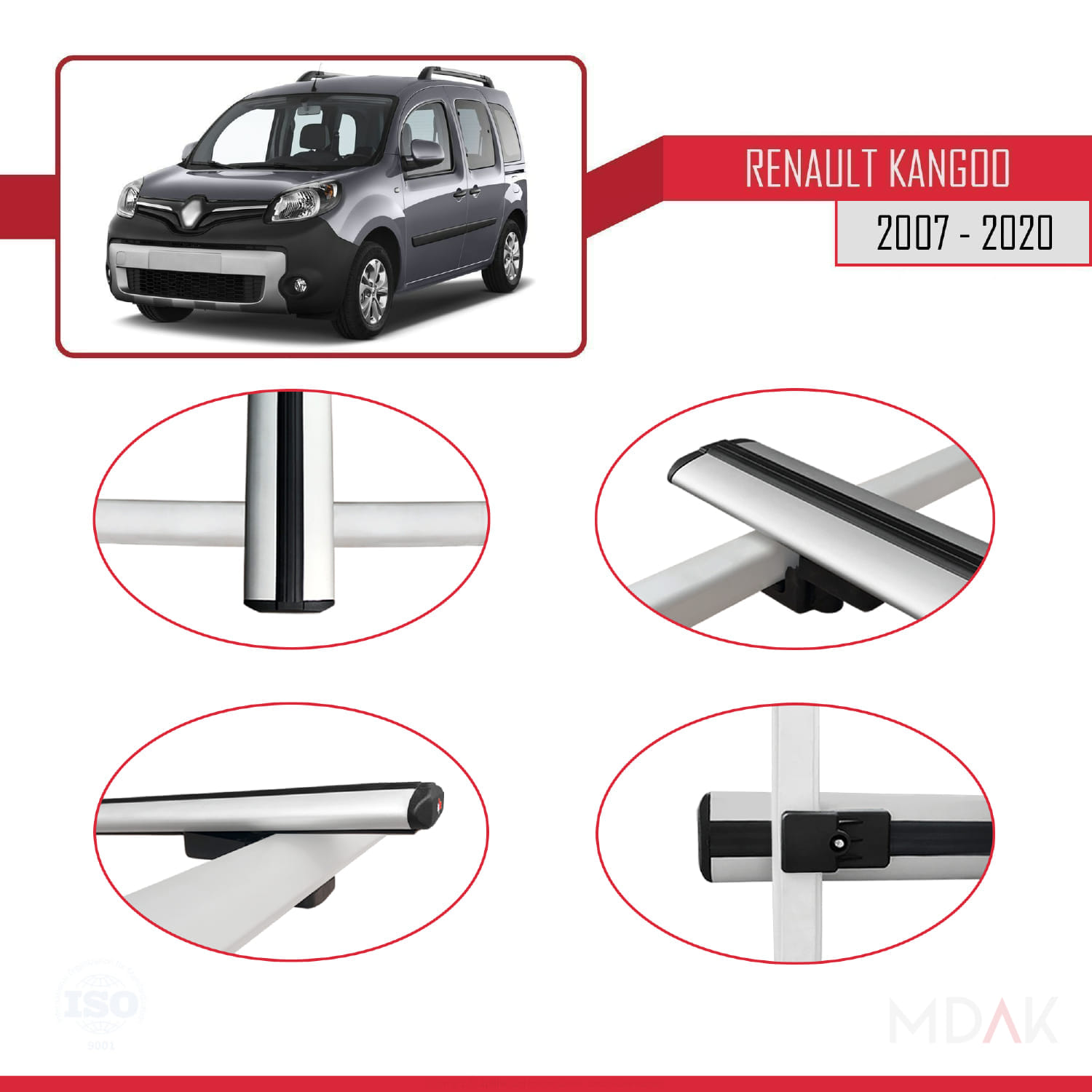 Renault Kangoo 2 (X61) 2007-2020 Arası ile Uyumlu BASIC Model Ara Atkı Tavan Barı Gri 3 Adet - Görsel 4
