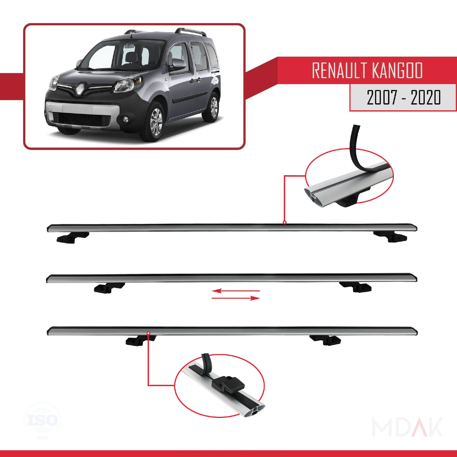 Renault Kangoo 2 (X61) 2007-2020 Arası ile Uyumlu BASIC Model Ara Atkı Tavan Barı Gri 3 Adet - Görsel 5