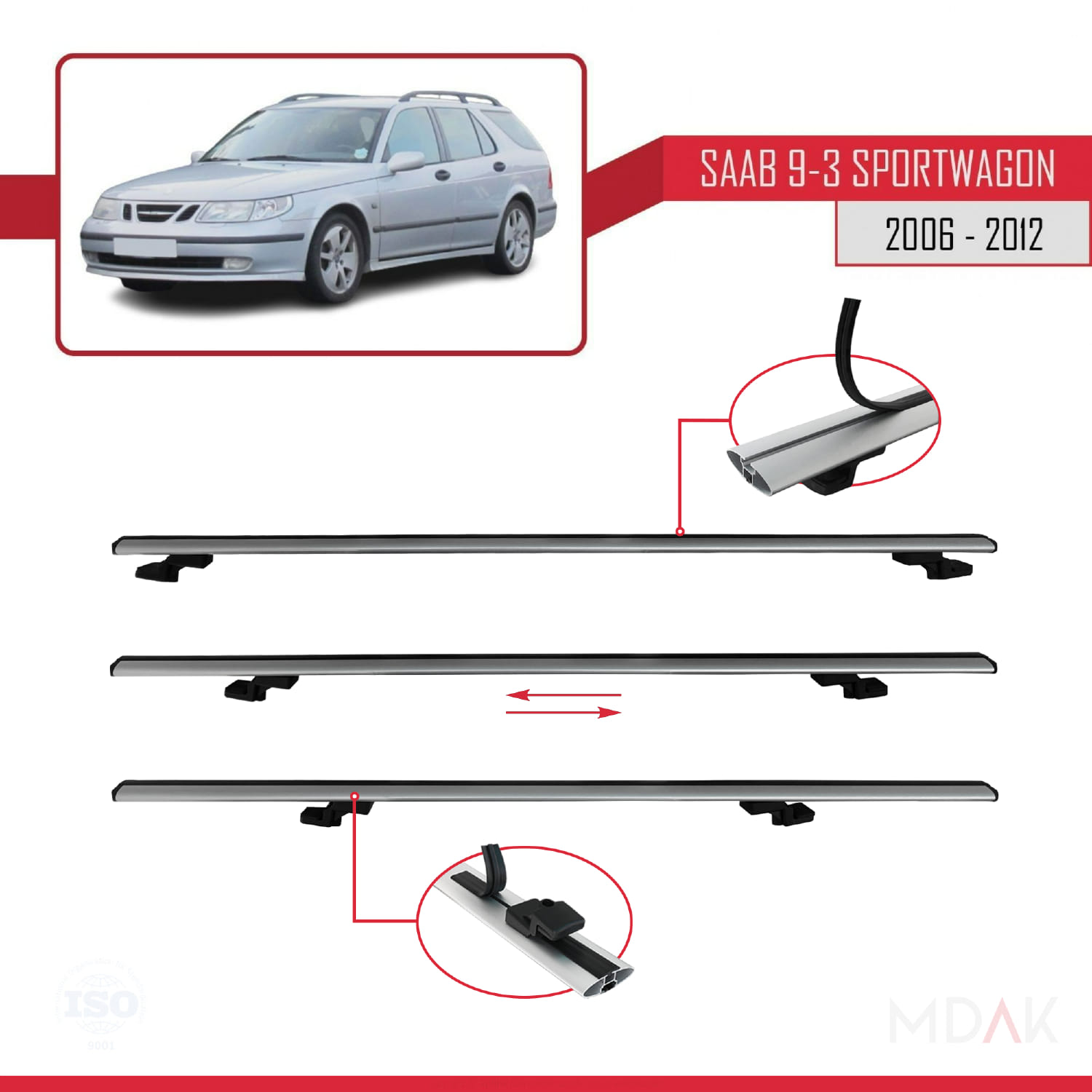 Saab 9-3 II SW 2006-2012 Arası ile Uyumlu BASIC Model Ara Atkı Tavan Barı Gri 3 Adet - Görsel 5
