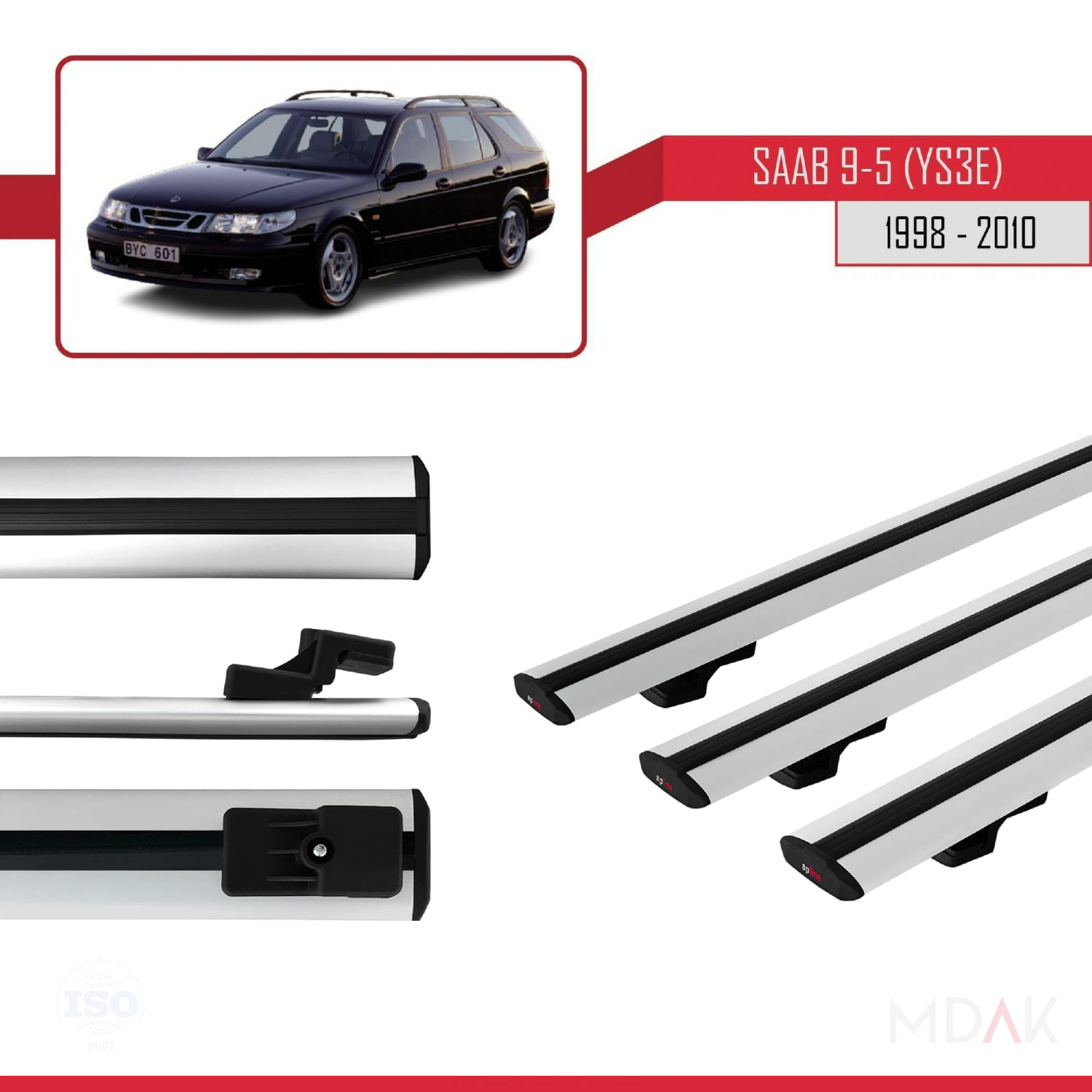 Saab 9-5 (YS3E) SW 1998-2010 Arası ile Uyumlu BASIC Model Ara Atkı Tavan Barı Gri 3 Adet - Görsel 3