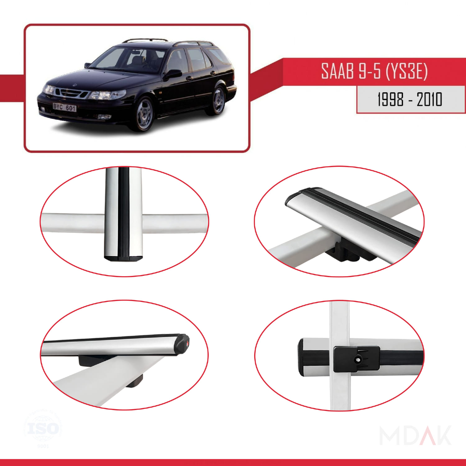 Saab 9-5 (YS3E) SW 1998-2010 Arası ile Uyumlu BASIC Model Ara Atkı Tavan Barı Gri 3 Adet - Görsel 4