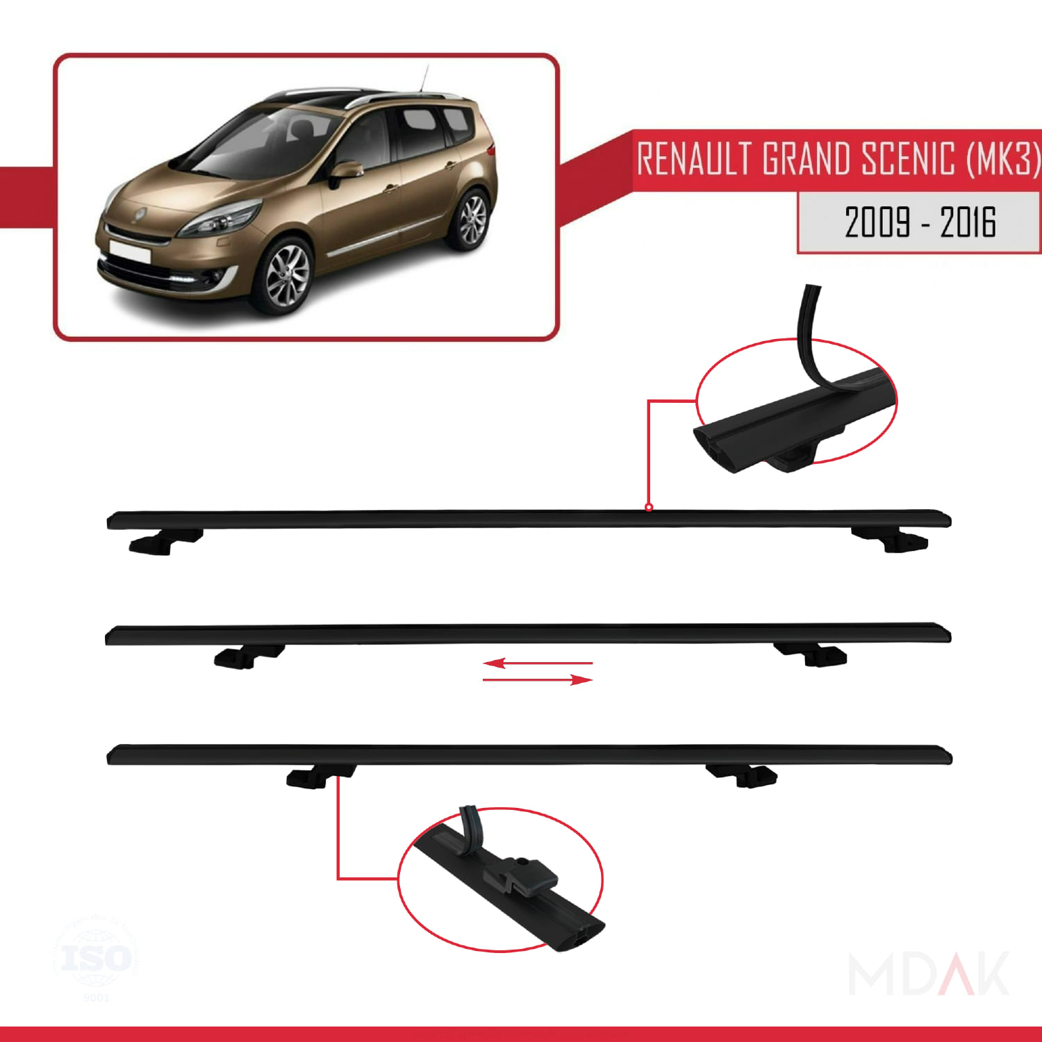 Renault Grand Scenic 3 2009-2016 Arası ile Uyumlu BASIC Model Ara Atkı Tavan Barı Siyah 3 Adet - Görsel 5