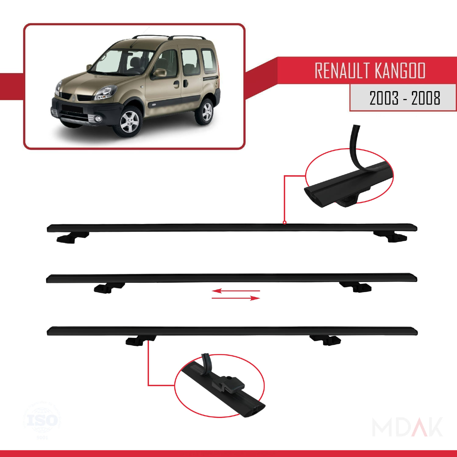 Renault Kangoo (X76) Post-Facelift 2003-2008 Arası ile Uyumlu BASIC Model Ara Atkı Tavan Barı Siyah 3 Adet - Görsel 5