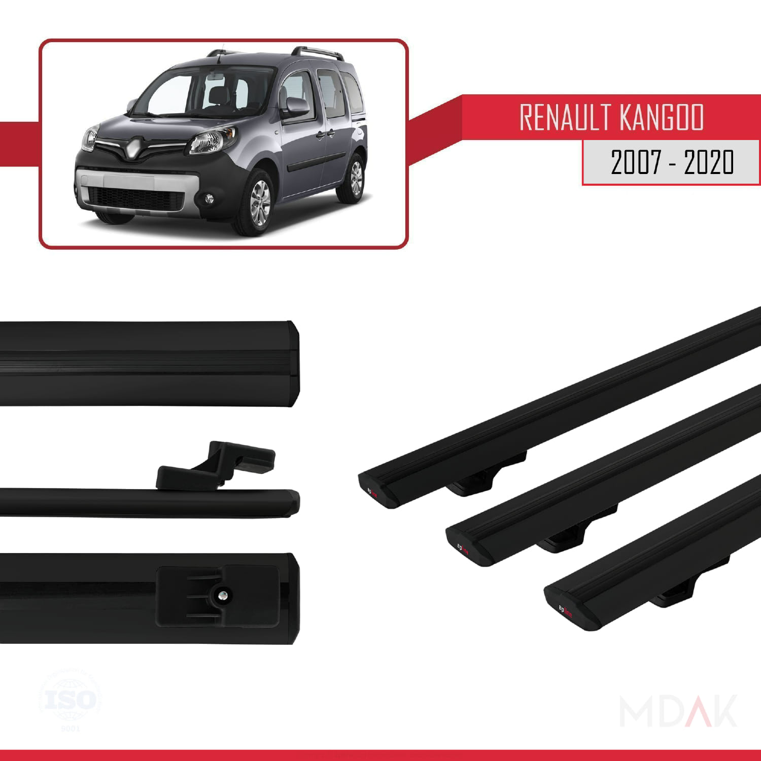 Renault Kangoo 2 (X61) 2007-2020 Arası ile Uyumlu BASIC Model Ara Atkı Tavan Barı Siyah 3 Adet - Görsel 3
