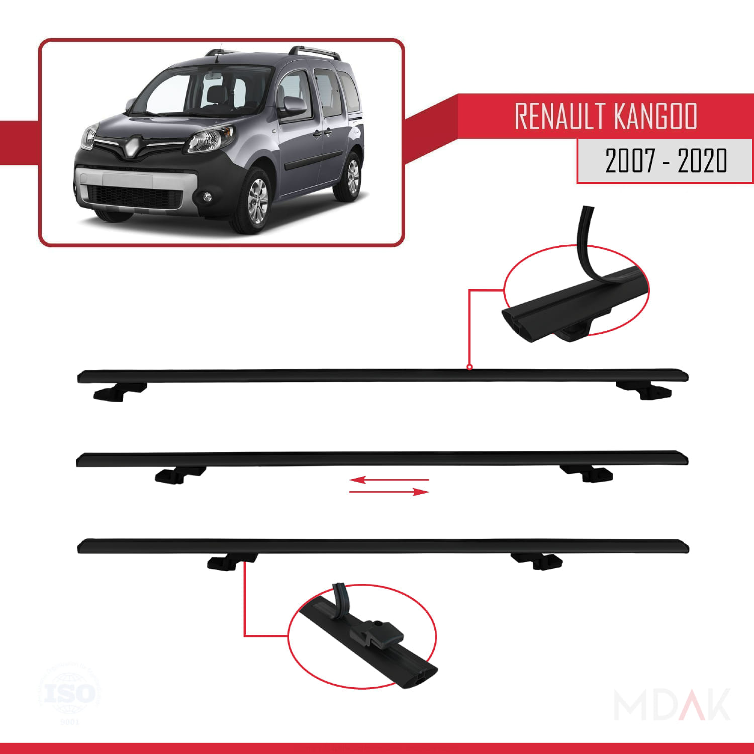 Renault Kangoo 2 (X61) 2007-2020 Arası ile Uyumlu BASIC Model Ara Atkı Tavan Barı Siyah 3 Adet - Görsel 5