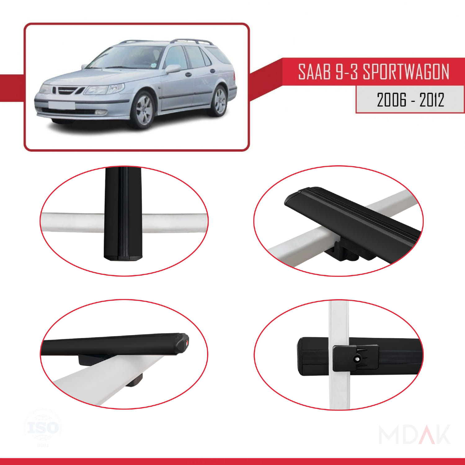 Saab 9-3 II SW 2006-2012 Arası ile Uyumlu BASIC Model Ara Atkı Tavan Barı Siyah 3 Adet - Görsel 4