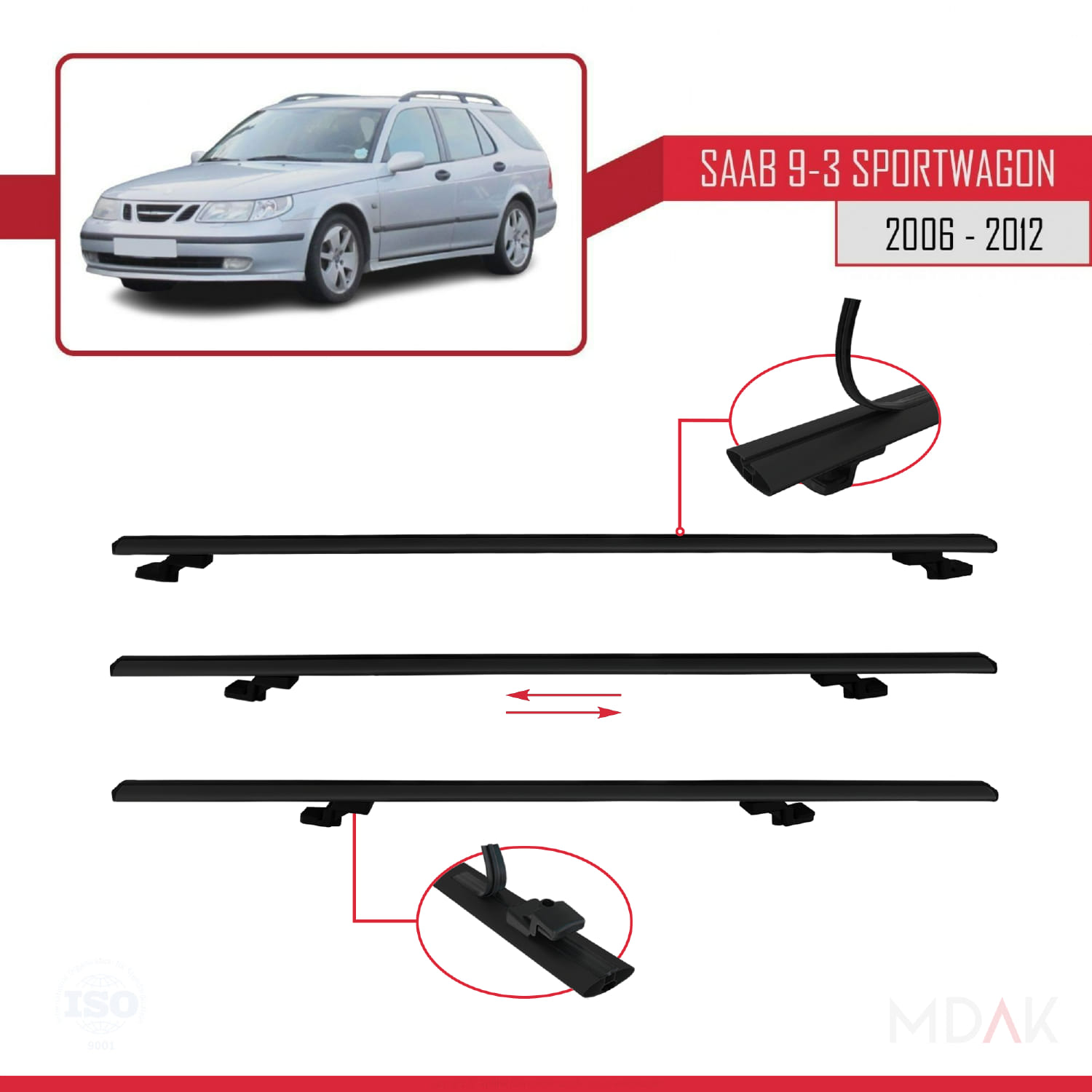 Saab 9-3 II SW 2006-2012 Arası ile Uyumlu BASIC Model Ara Atkı Tavan Barı Siyah 3 Adet - Görsel 5