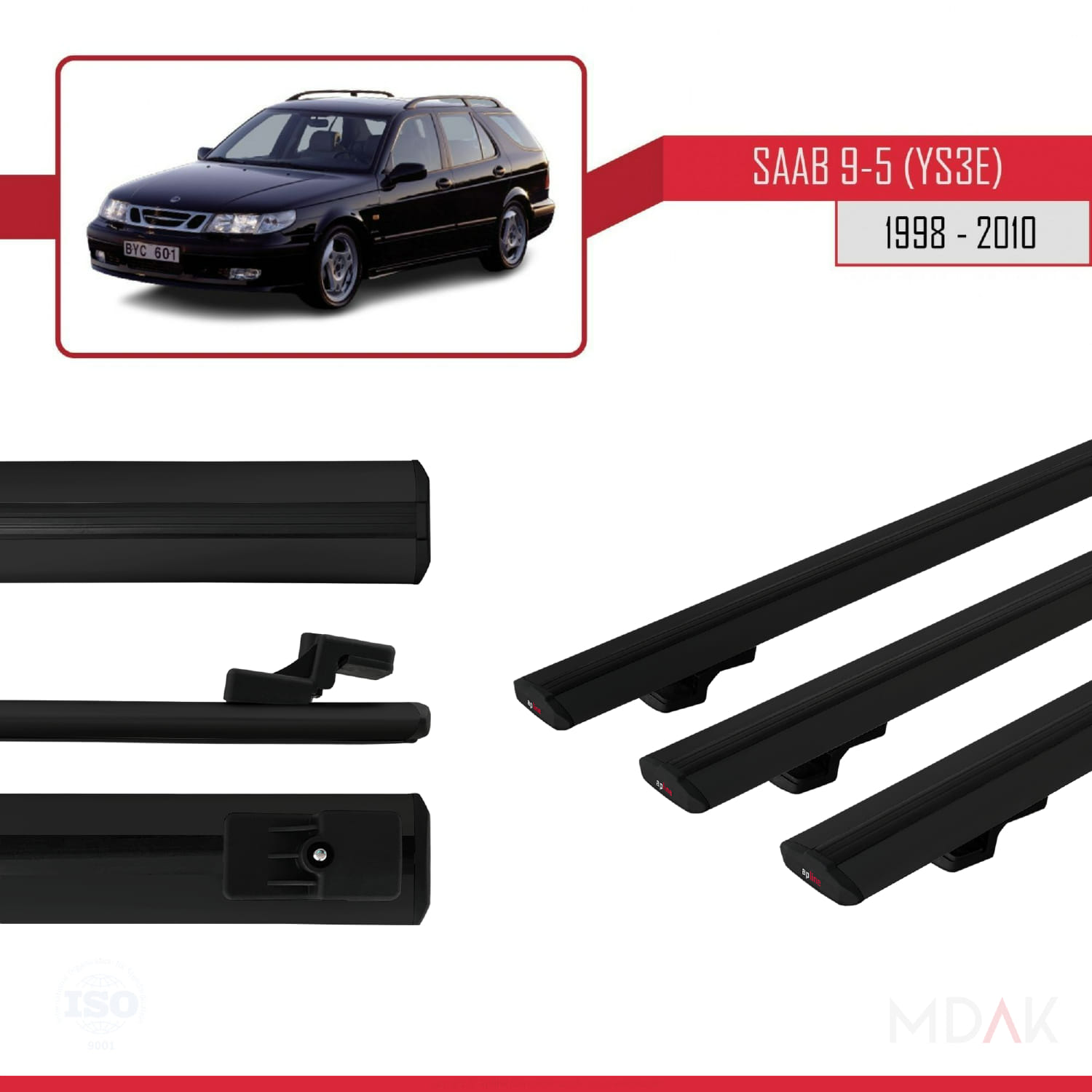 Saab 9-5 (YS3E) SW 1998-2010 Arası ile Uyumlu BASIC Model Ara Atkı Tavan Barı Siyah 3 Adet - Görsel 3
