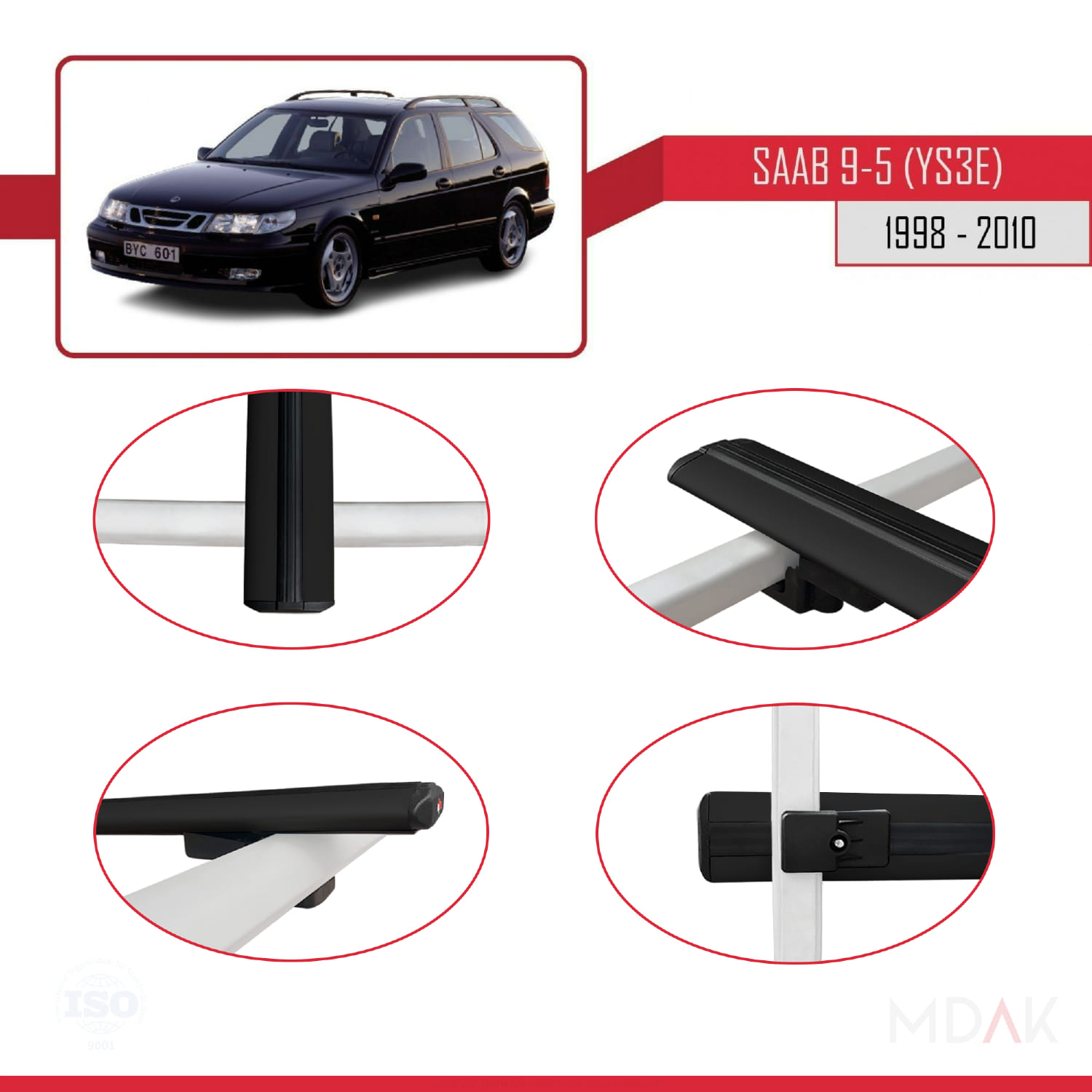Saab 9-5 (YS3E) SW 1998-2010 Arası ile Uyumlu BASIC Model Ara Atkı Tavan Barı Siyah 3 Adet - Görsel 4
