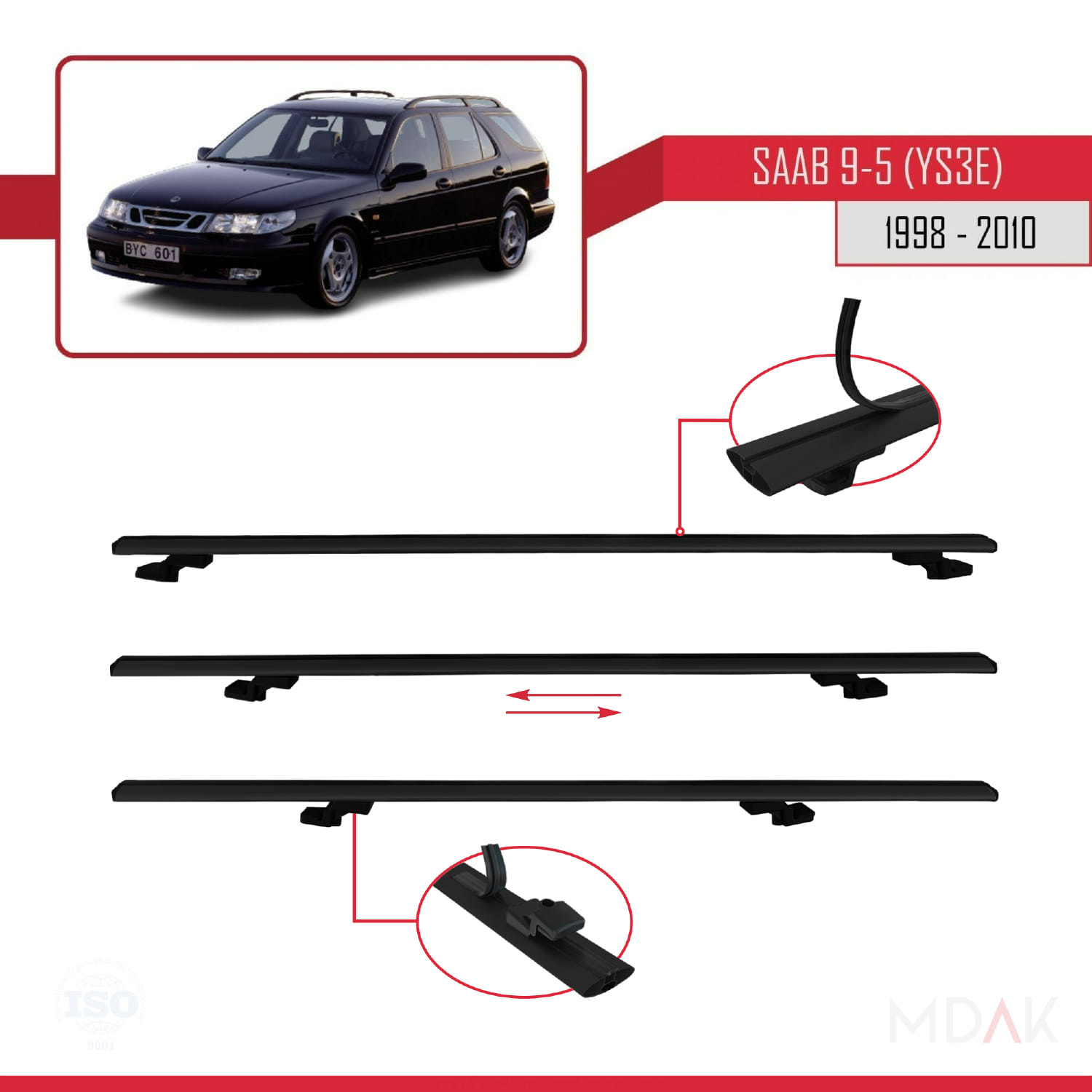 Saab 9-5 (YS3E) SW 1998-2010 Arası ile Uyumlu BASIC Model Ara Atkı Tavan Barı Siyah 3 Adet - Görsel 5