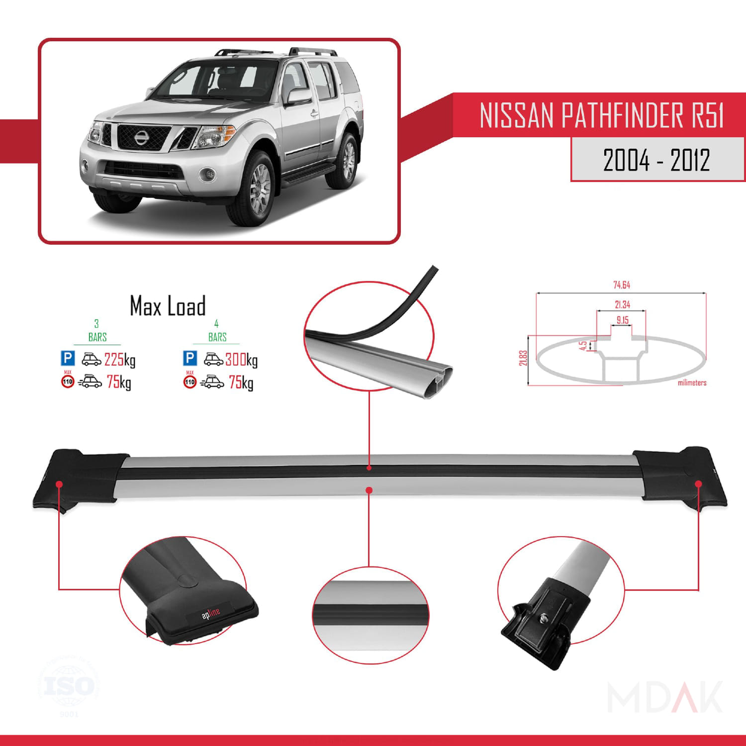 Nissan Pathfinder 3 (R51) 2004-2012 Arası ile Uyumlu FLY Model Ara Atkı Tavan Barı Gri 3 Adet - Görsel 3