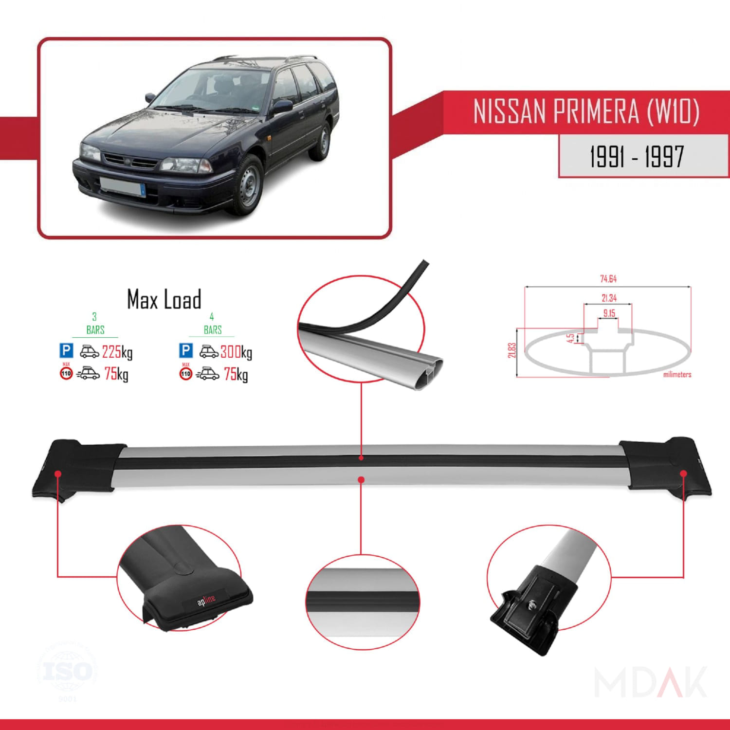 Nissan Primera (W10) Traveller 1991-1997 Arası ile Uyumlu FLY Model Ara Atkı Tavan Barı Gri 3 Adet - Görsel 3