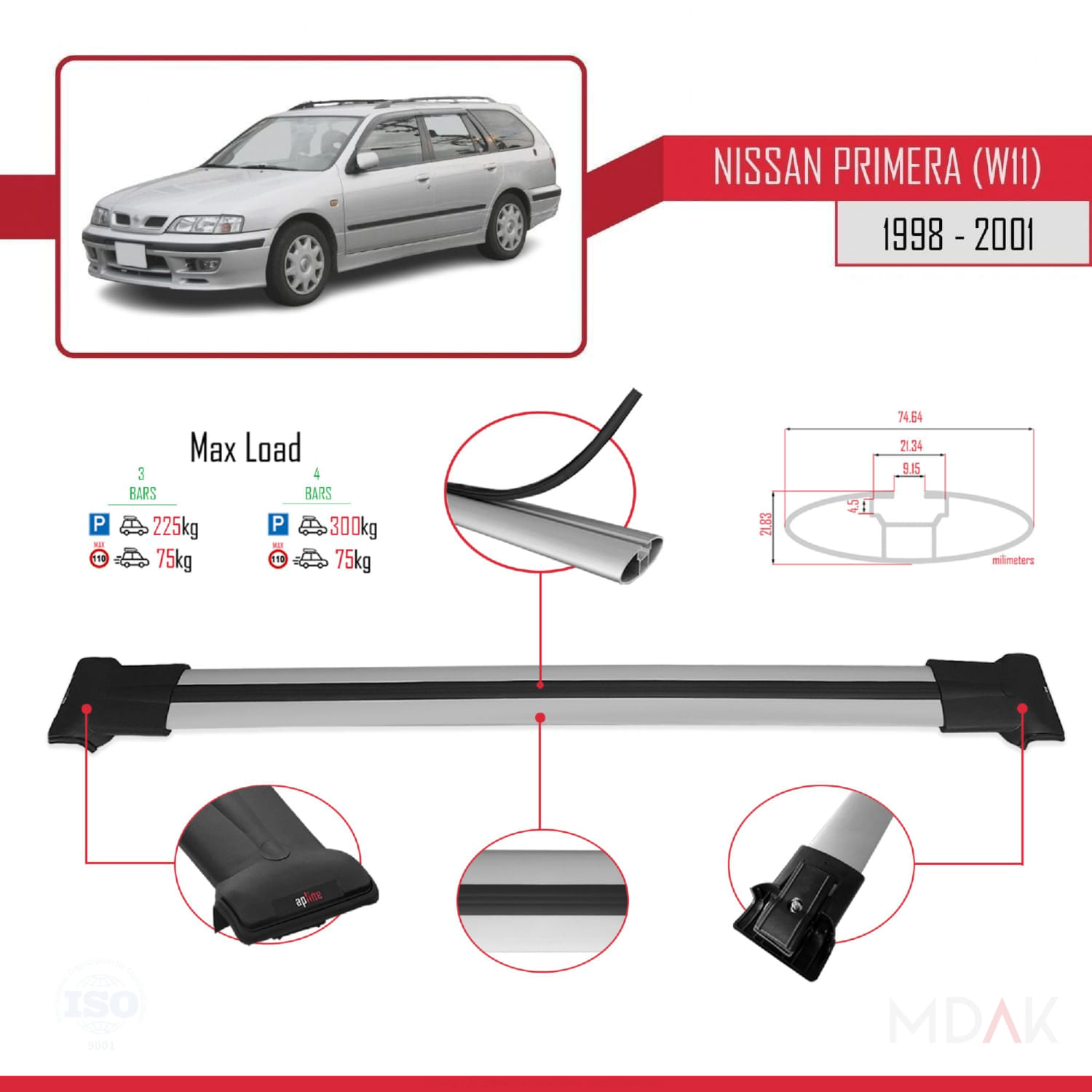 Nissan Primera 2 (W11) Traveller 1998-2001 Arası ile Uyumlu FLY Model Ara Atkı Tavan Barı Gri 3 Adet - Görsel 3