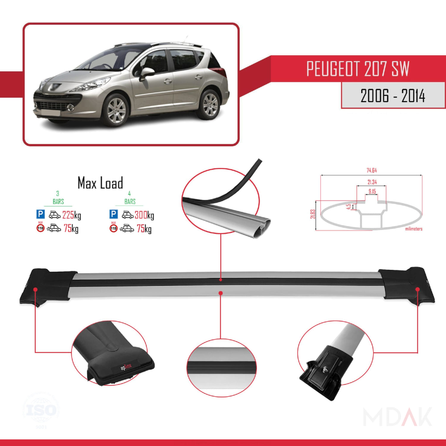 Peugeot 207 SW 2006-2014 Arası ile Uyumlu FLY Model Ara Atkı Tavan Barı Gri 3 Adet - Görsel 3