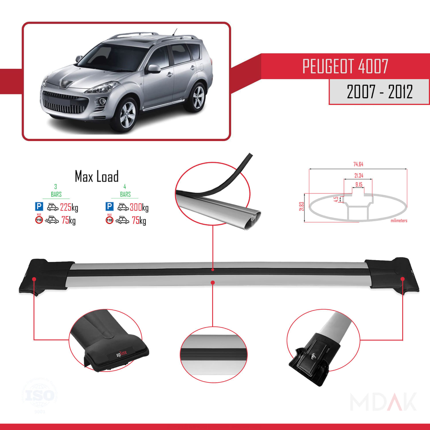 Peugeot 4007 2007-2012 Arası ile Uyumlu FLY Model Ara Atkı Tavan Barı Gri 3 Adet - Görsel 3