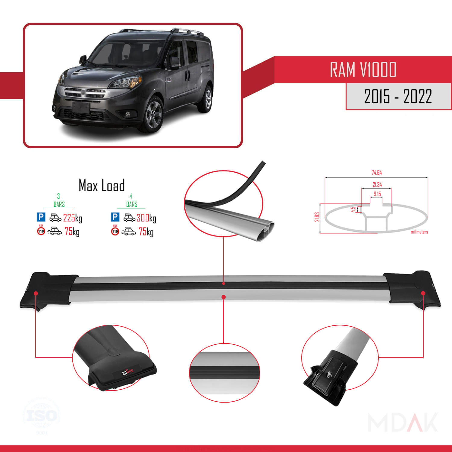 Ram V1000 2015-2022 Arası ile Uyumlu FLY Model Ara Atkı Tavan Barı Gri 3 Adet - Görsel 3