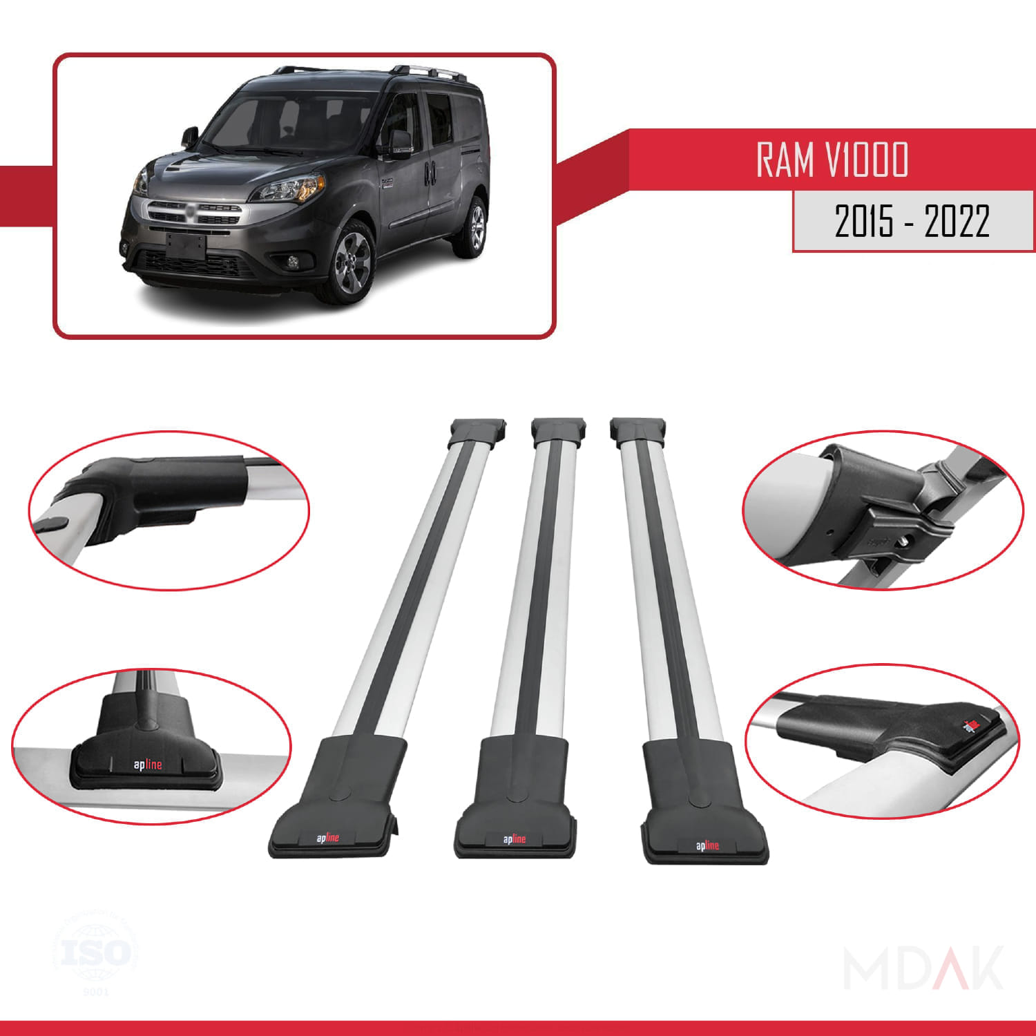 Ram V1000 2015-2022 Arası ile Uyumlu FLY Model Ara Atkı Tavan Barı Gri 3 Adet - Görsel 4