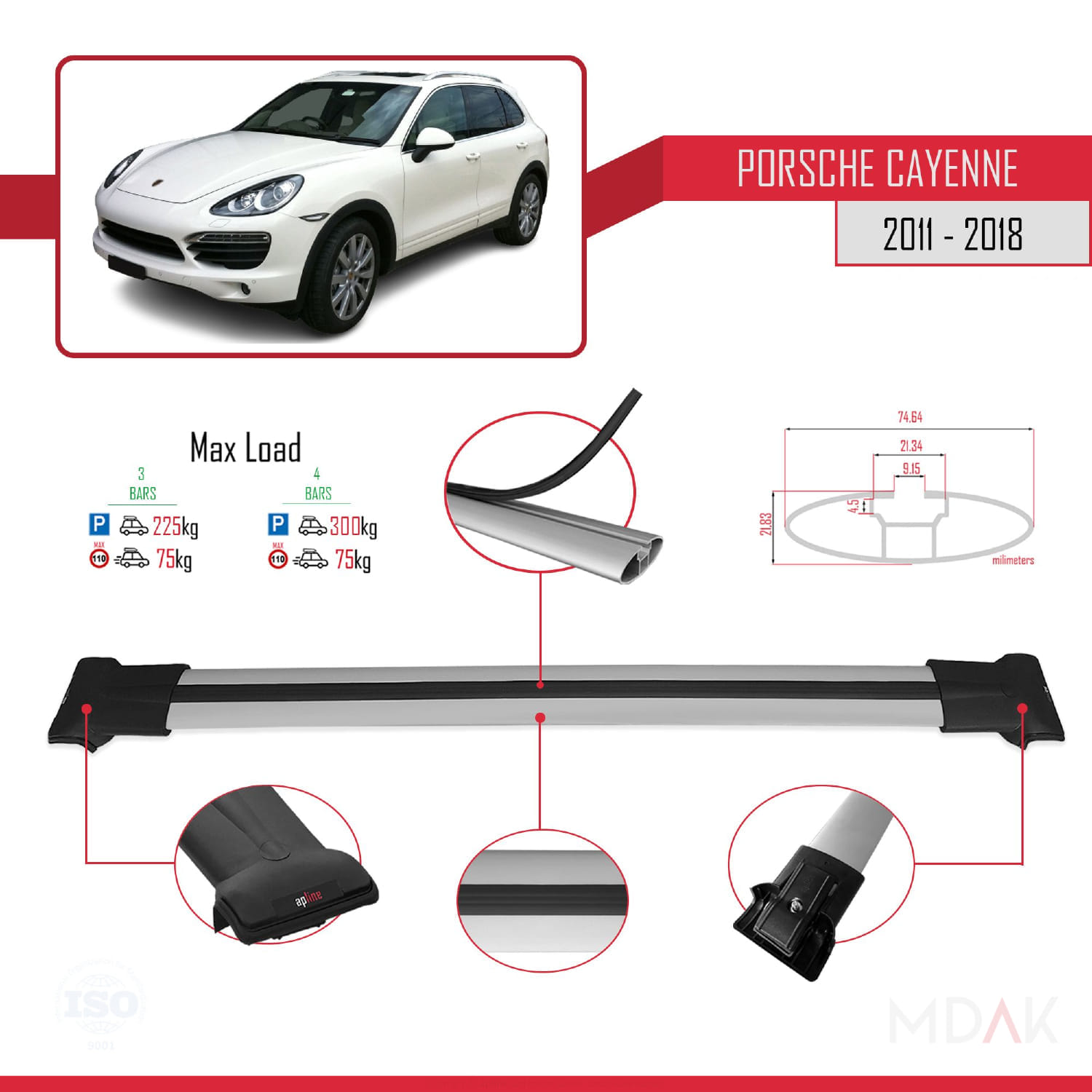 Porsche Cayenne 2 (92A) 2011-2018 Arası ile Uyumlu FLY Model Ara Atkı Tavan Barı Gri 3 Adet - Görsel 3