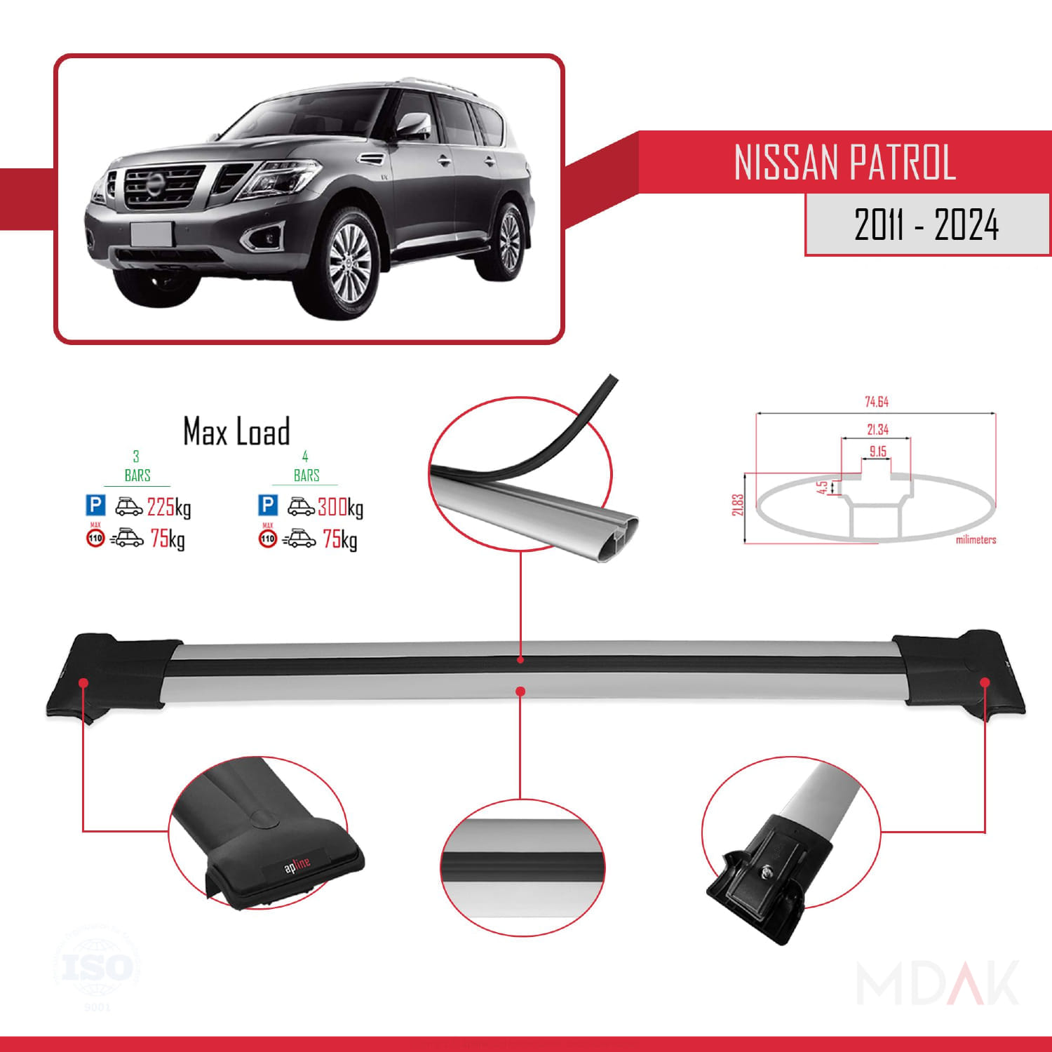 Nissan Patrol 6 (Y62) 2011-2024 Arası ile Uyumlu FLY Model Ara Atkı Tavan Barı Gri 3 Adet - Görsel 4