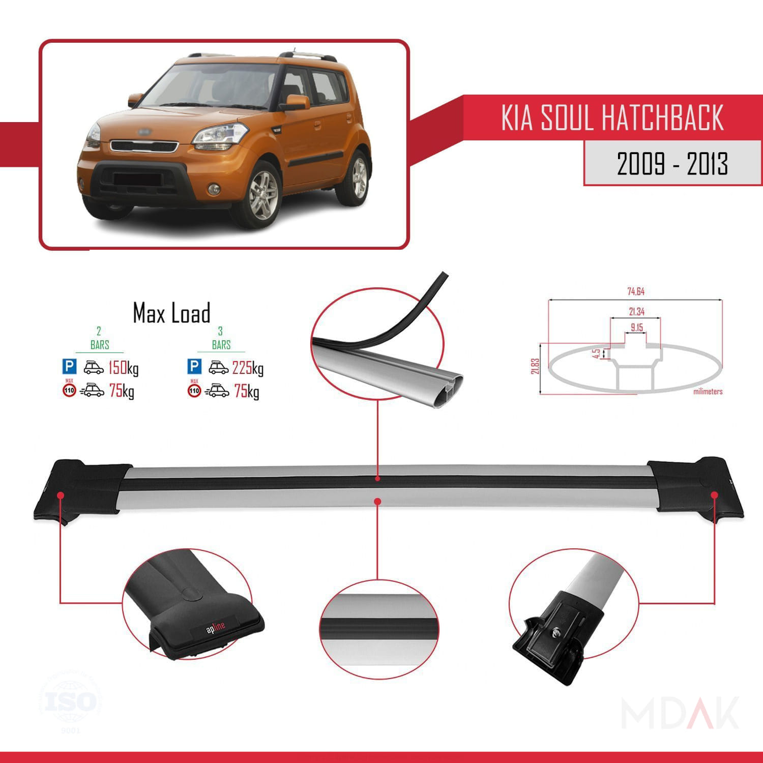 Kia Soul (AM) HB 2009-2013 Arası ile Uyumlu FLY Model Ara Atkı Tavan Barı Gri 2 Adet - Görsel 3